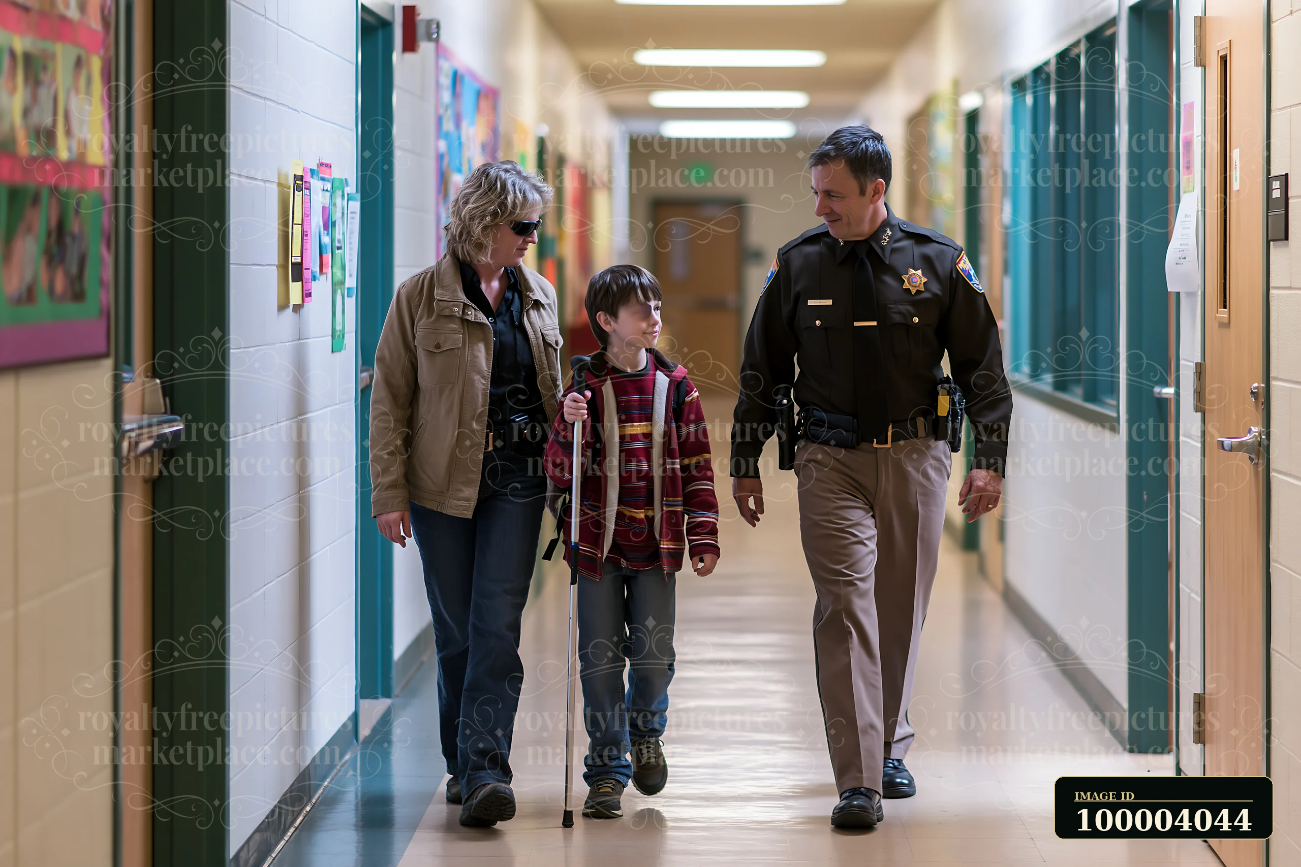 A police chief is walking alongside a young boy and an adult in a school hallway.