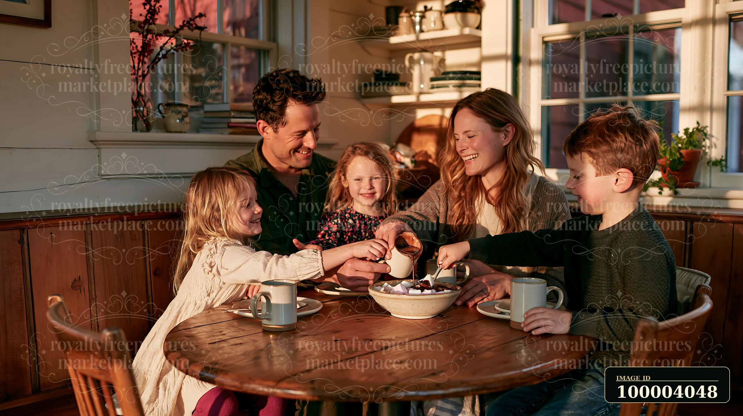 A family drinks hot chocolate around a wooden table in a cozy indoor setting.