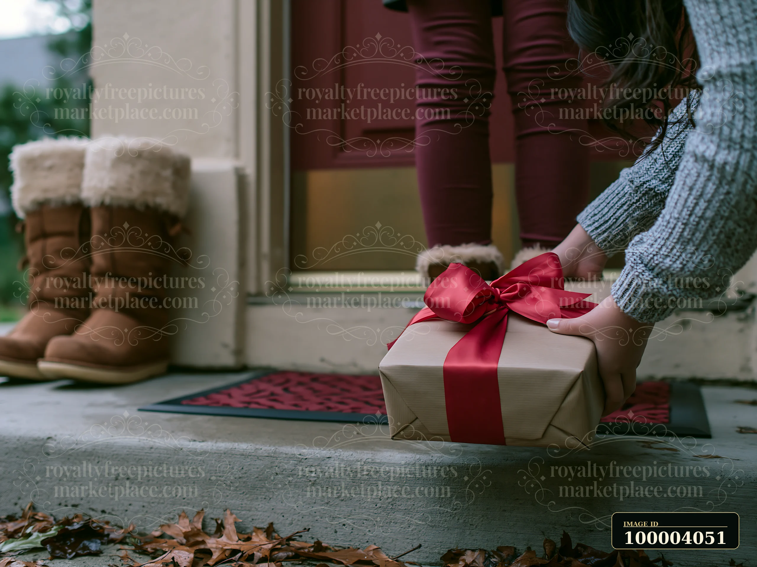 Person places a wrapped Christmas gift beside a front door, with boots and a seasonal doormat nearby.