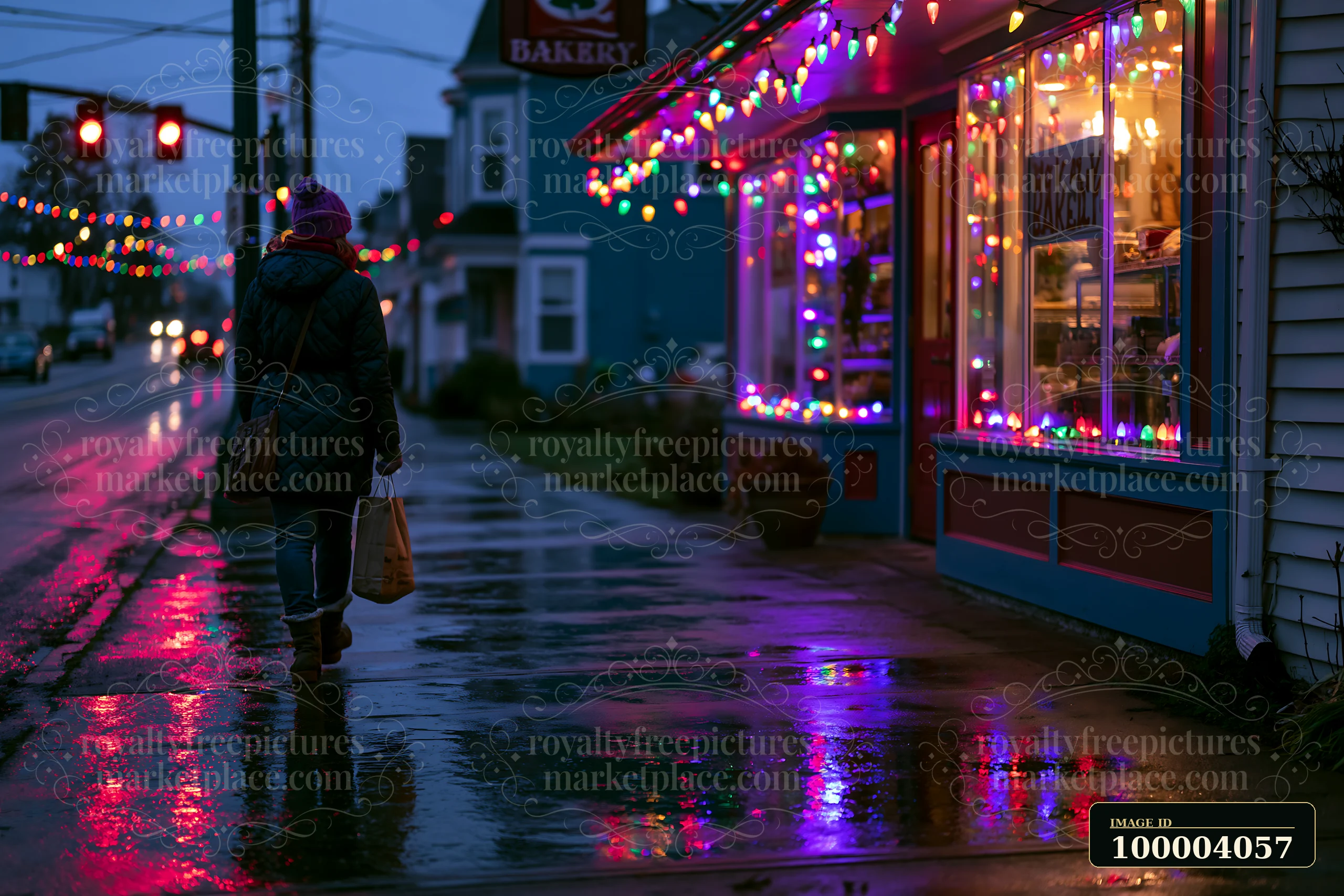 One person walks past a bakery decorated with colorful Christmas lights reflected on wet pavement.
