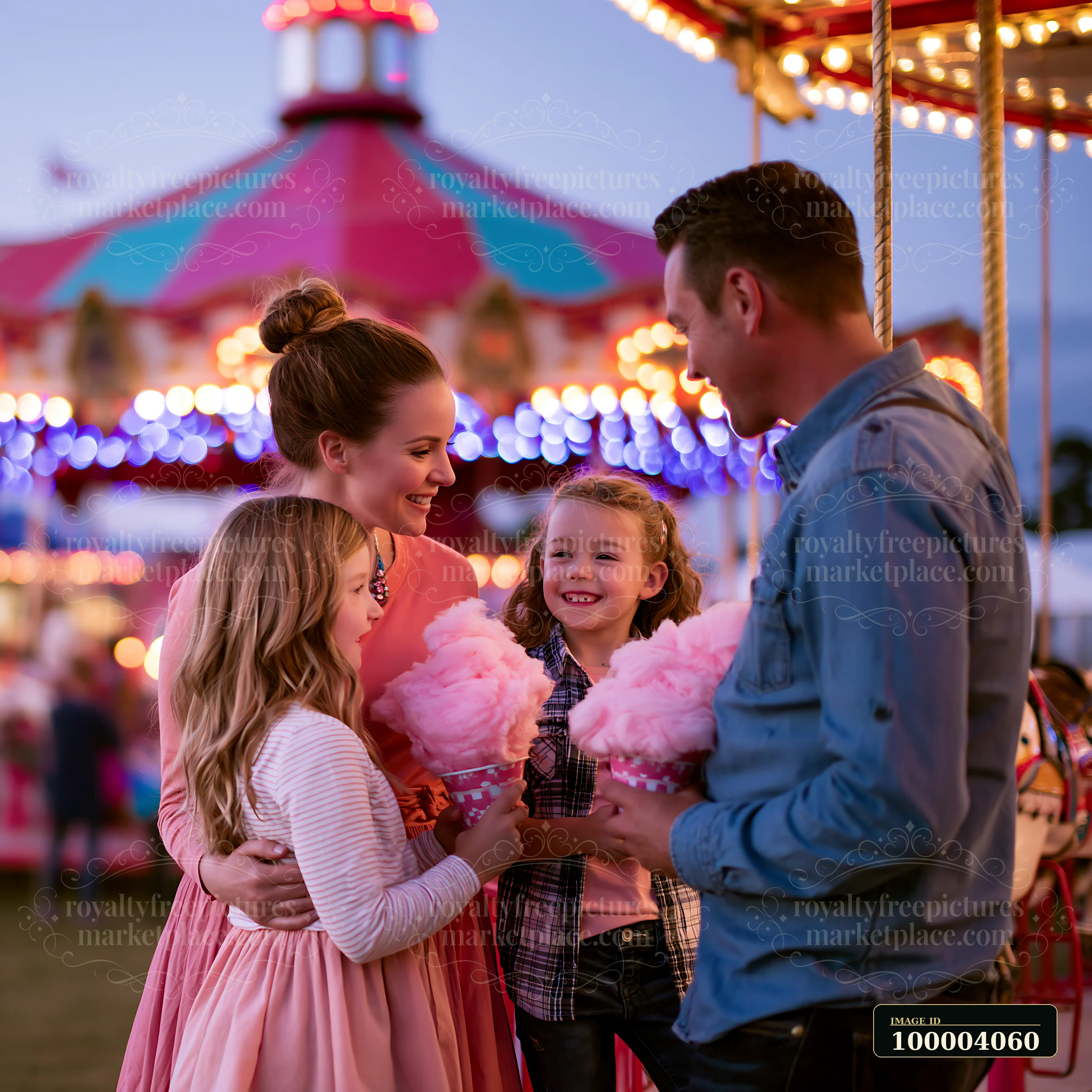 A family of four stands near a fairground carousel, smiling and holding cotton candy.