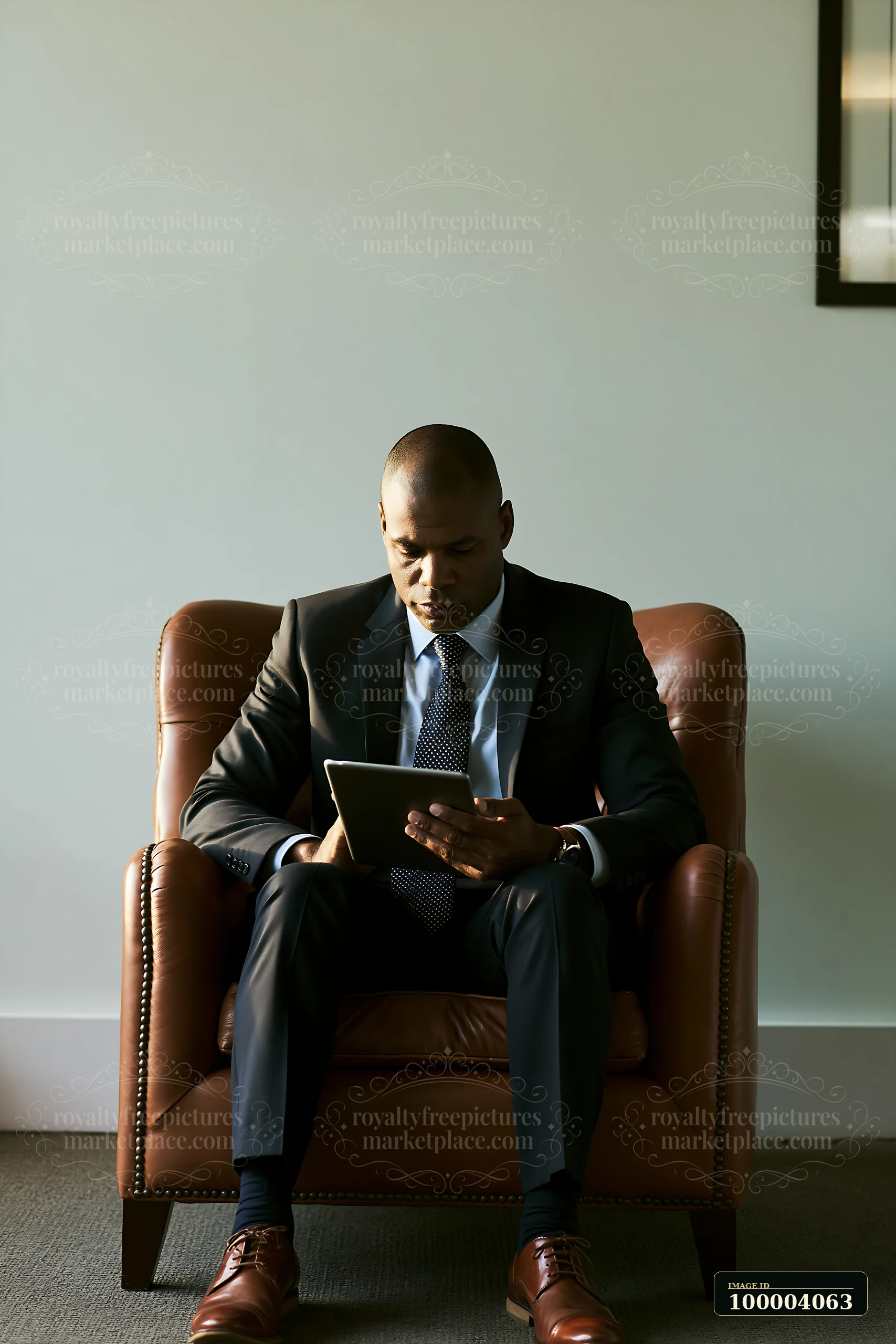 Businessman in a suit sits alone in a leather armchair, looking at a tablet in a minimalist office.