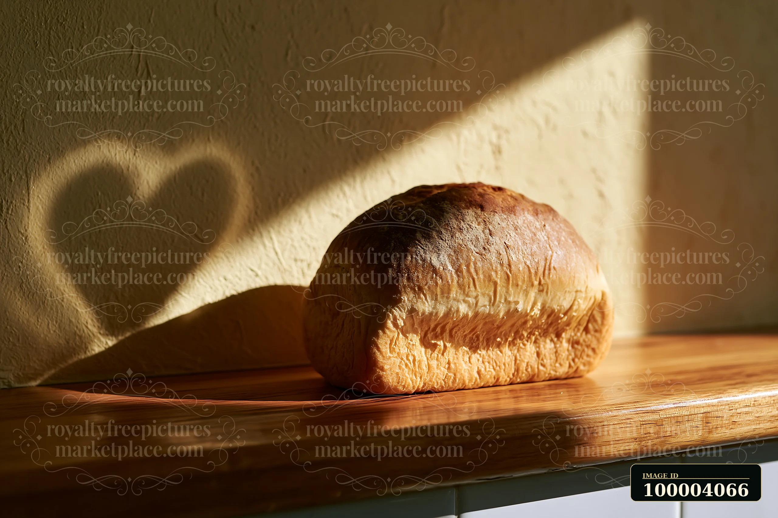 A loaf of bread rests on a wooden countertop, casting a heart-shaped shadow on the wall from light filtering through the window.
