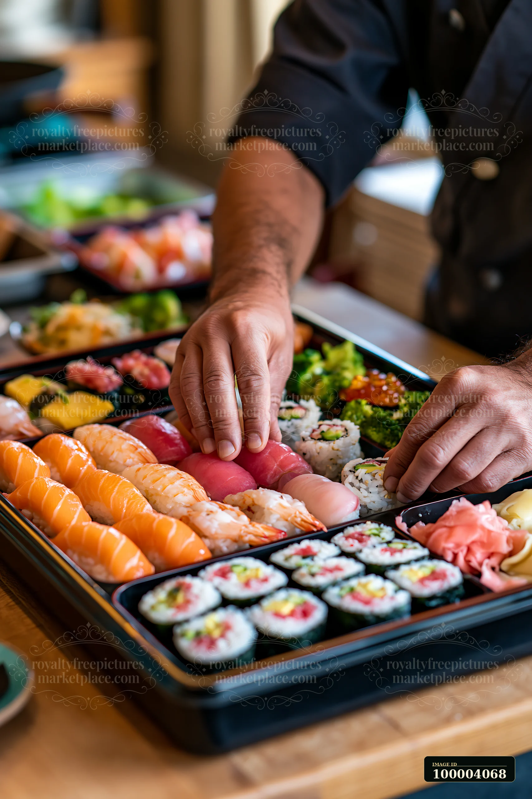 Chef's hands arrange assorted sushi, sashimi, and rolls in a compartmentalized lunch box.
