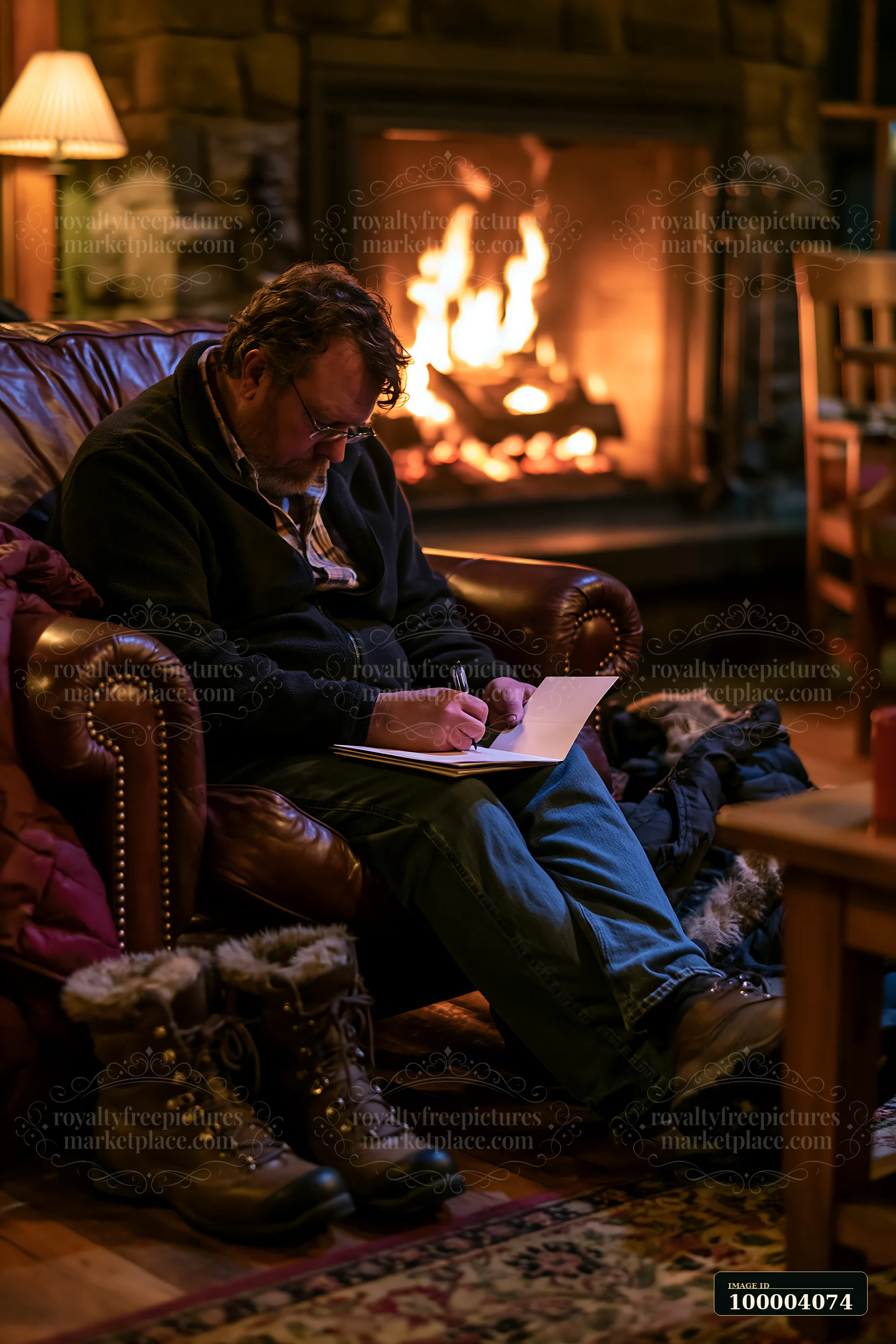 A man sits on a leather chair, writing on a blank sheet of paper in front of a warm fireplace.