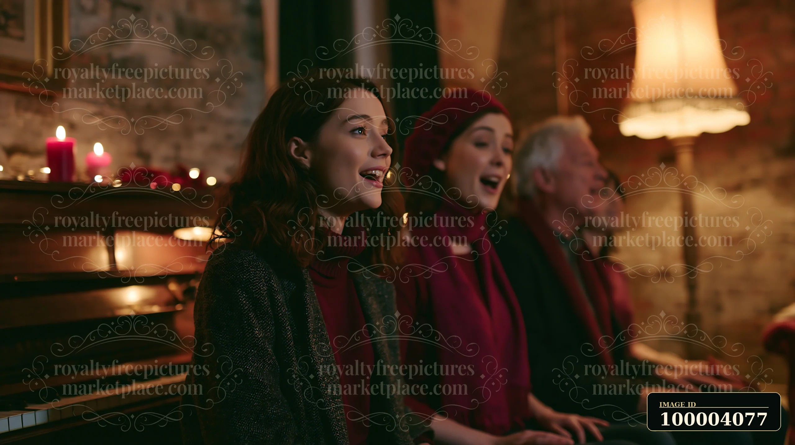 A family gathers indoors by a piano, singing Christmas carols together in a cozy setting.