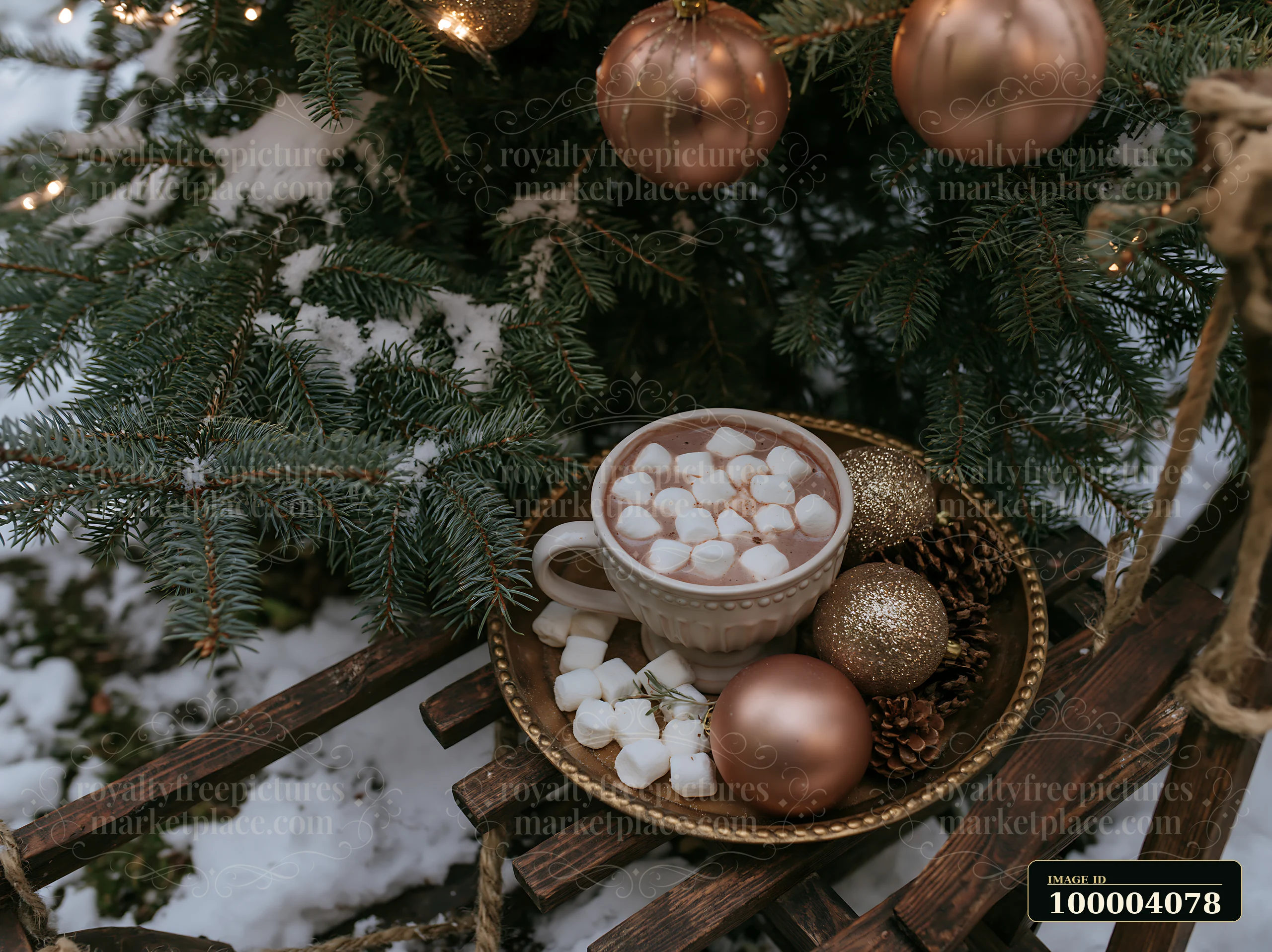 Cup of cocoa topped with marshmallows beside a decorated evergreen tree on a snowy wooden bench.