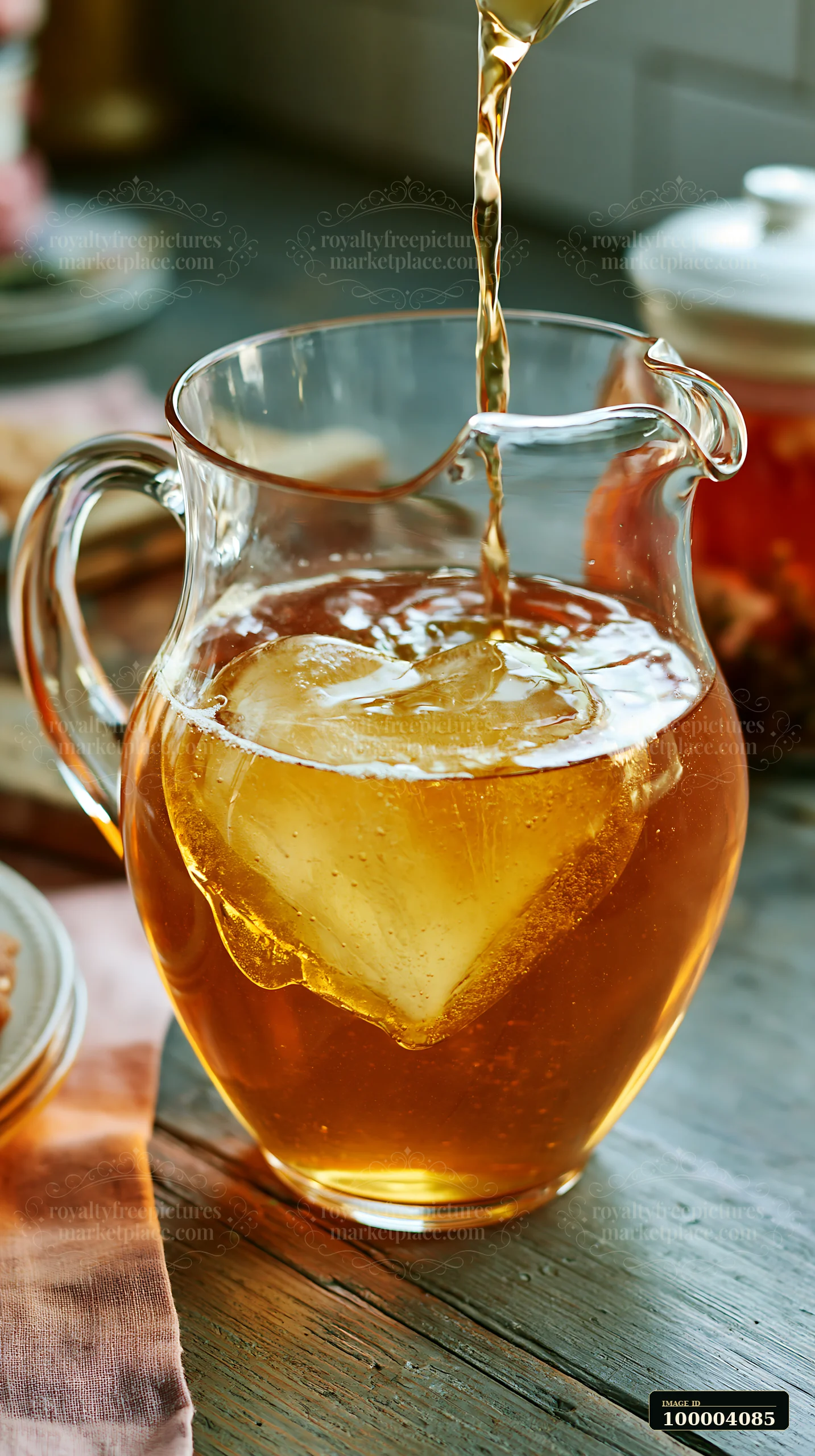 Heart-shaped ice cube melts in an amber drink as liquid pours into a clear glass pitcher on a rustic table.