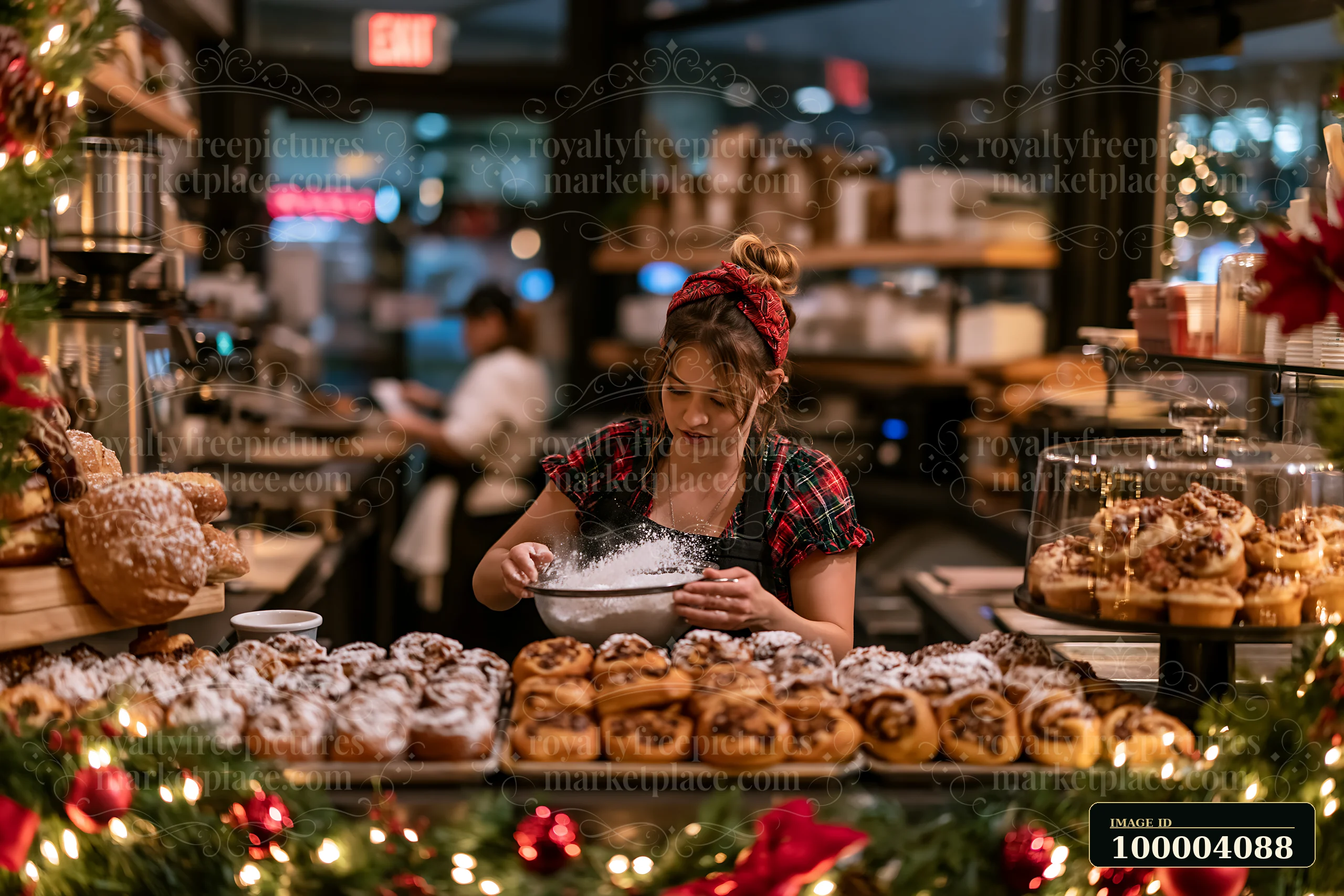 A barista prepares pastries in a festive coffee shop filled with decorations.