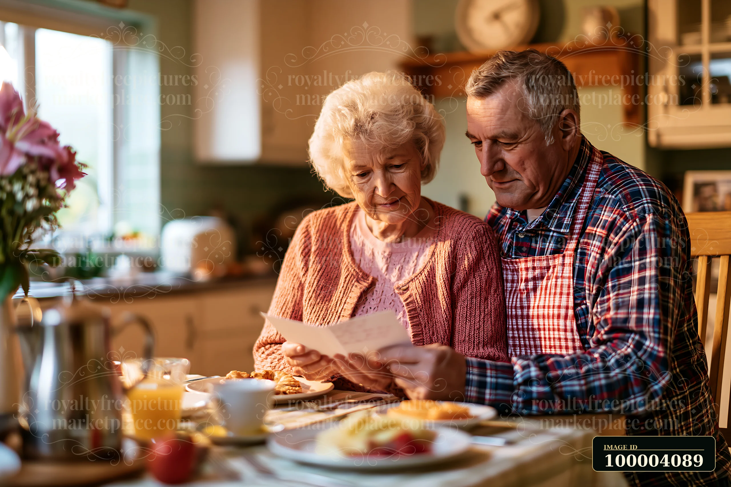 Senior couple reads an anniversary card together at a warmly lit dining table at home.