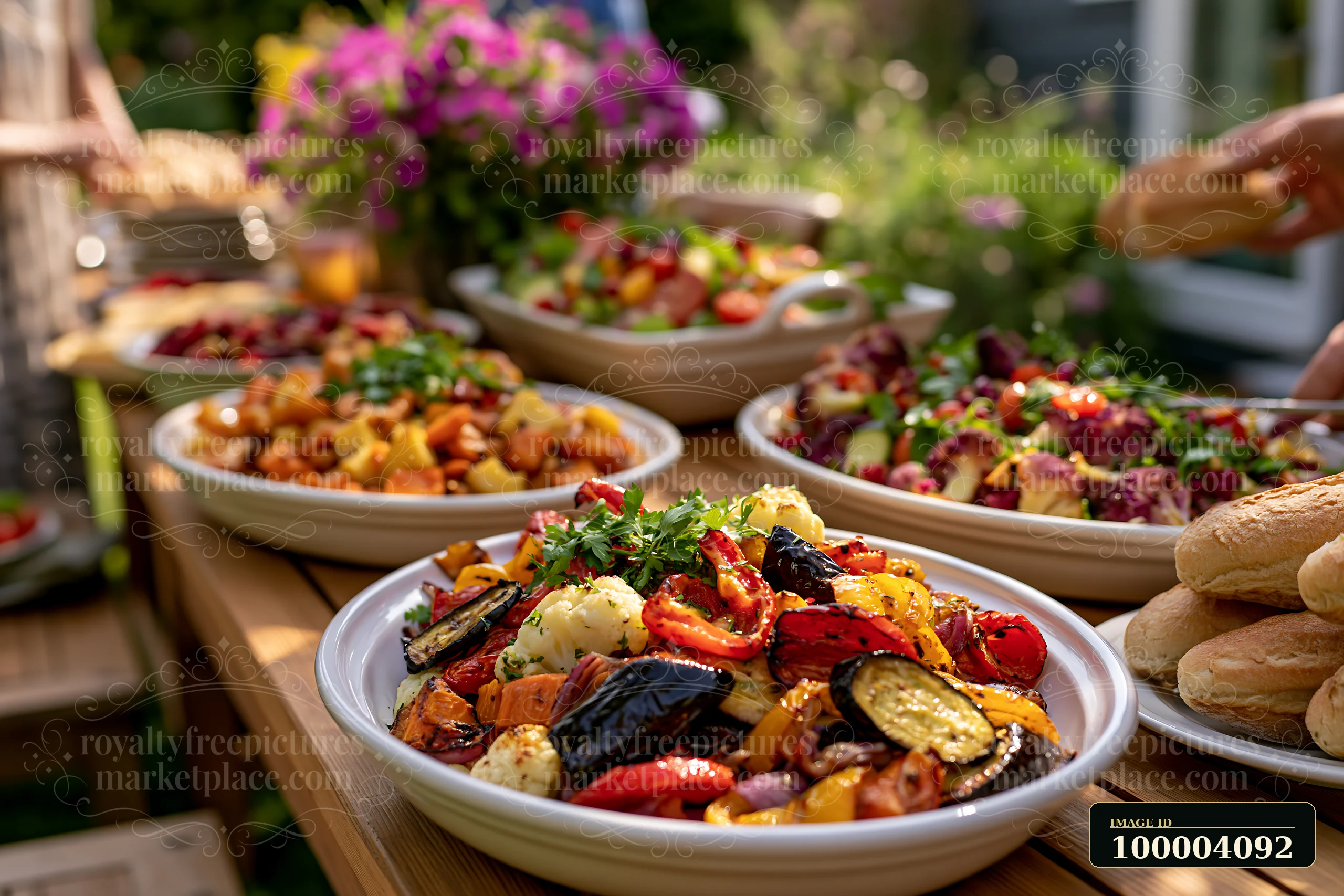 A buffet offers a variety of roasted vegetables and fresh salads.