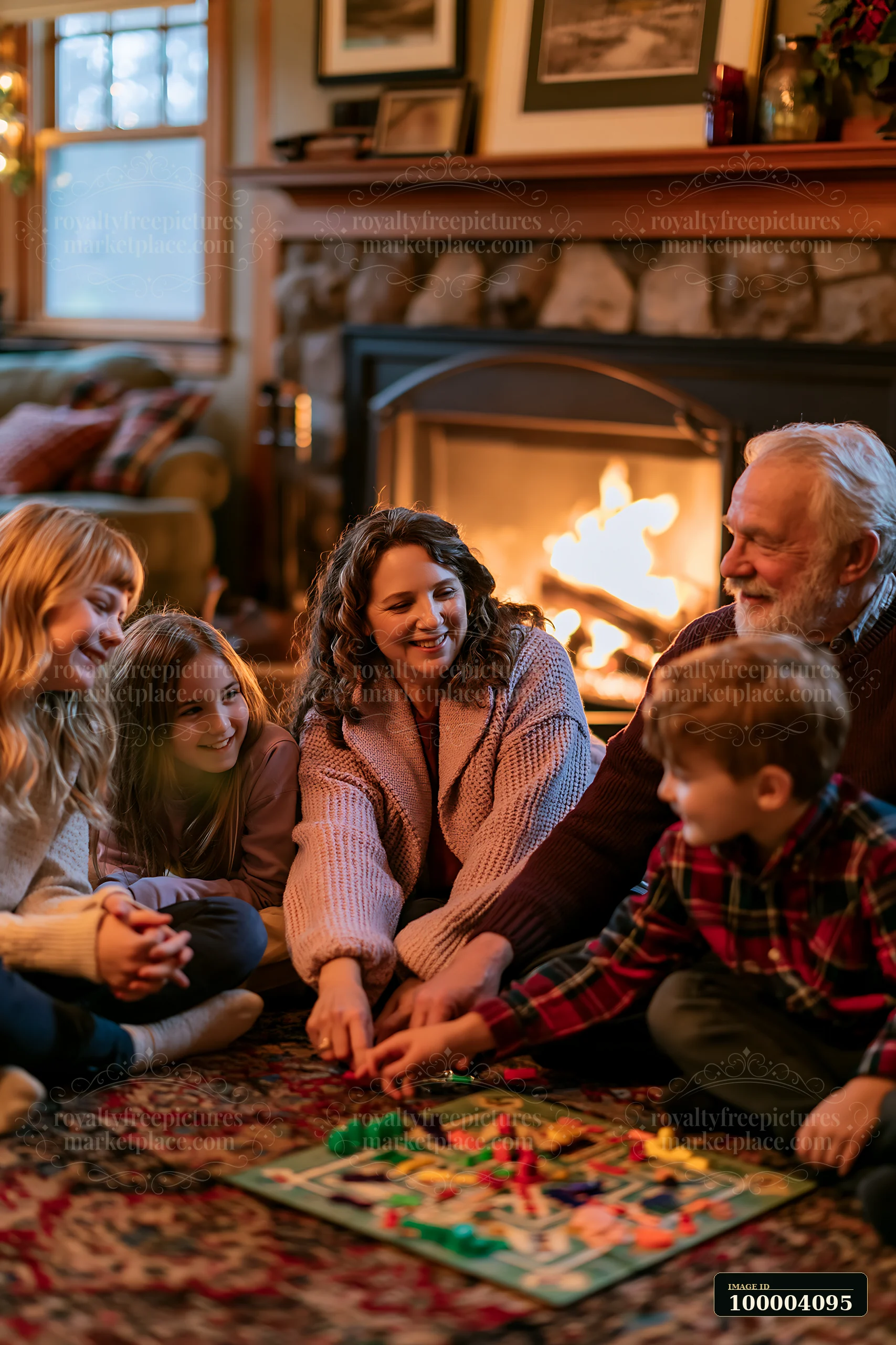 Family members smile and play a board game together beside a glowing fireplace.