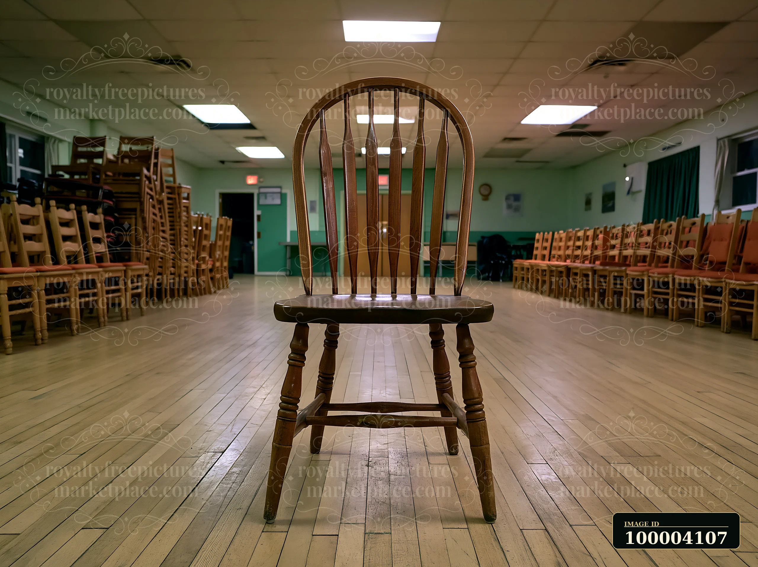 Empty wooden chair centered in a quiet hall surrounded by rows of chairs.