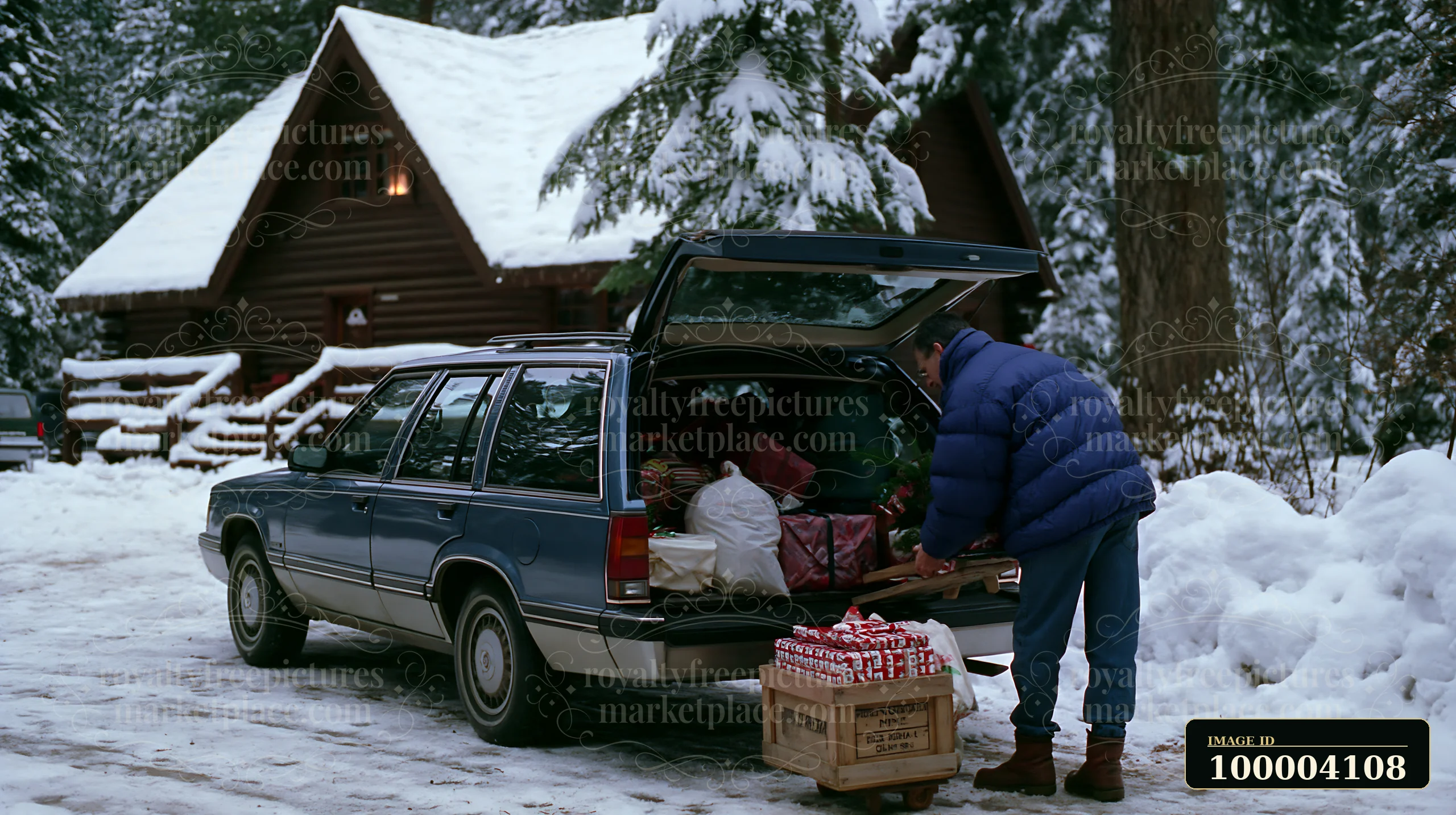 A person is loading a car with gifts and supplies for a winter holiday road trip beside a cozy cabin in a snowy forest setting.