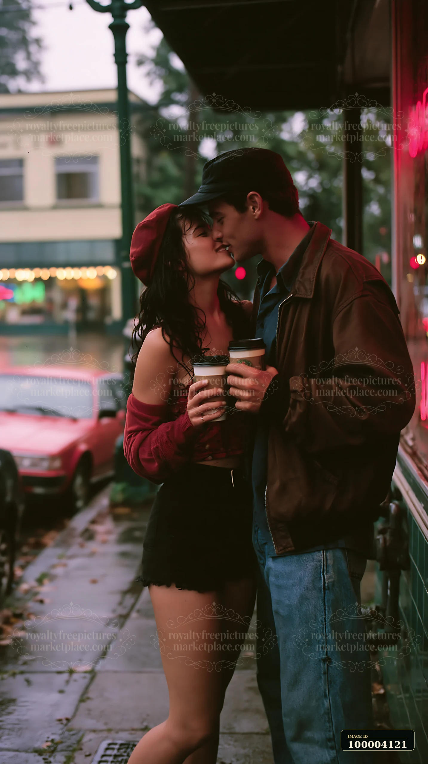 A couple stands close, kissing while holding coffee cups in a cozy cafe setting during rain.