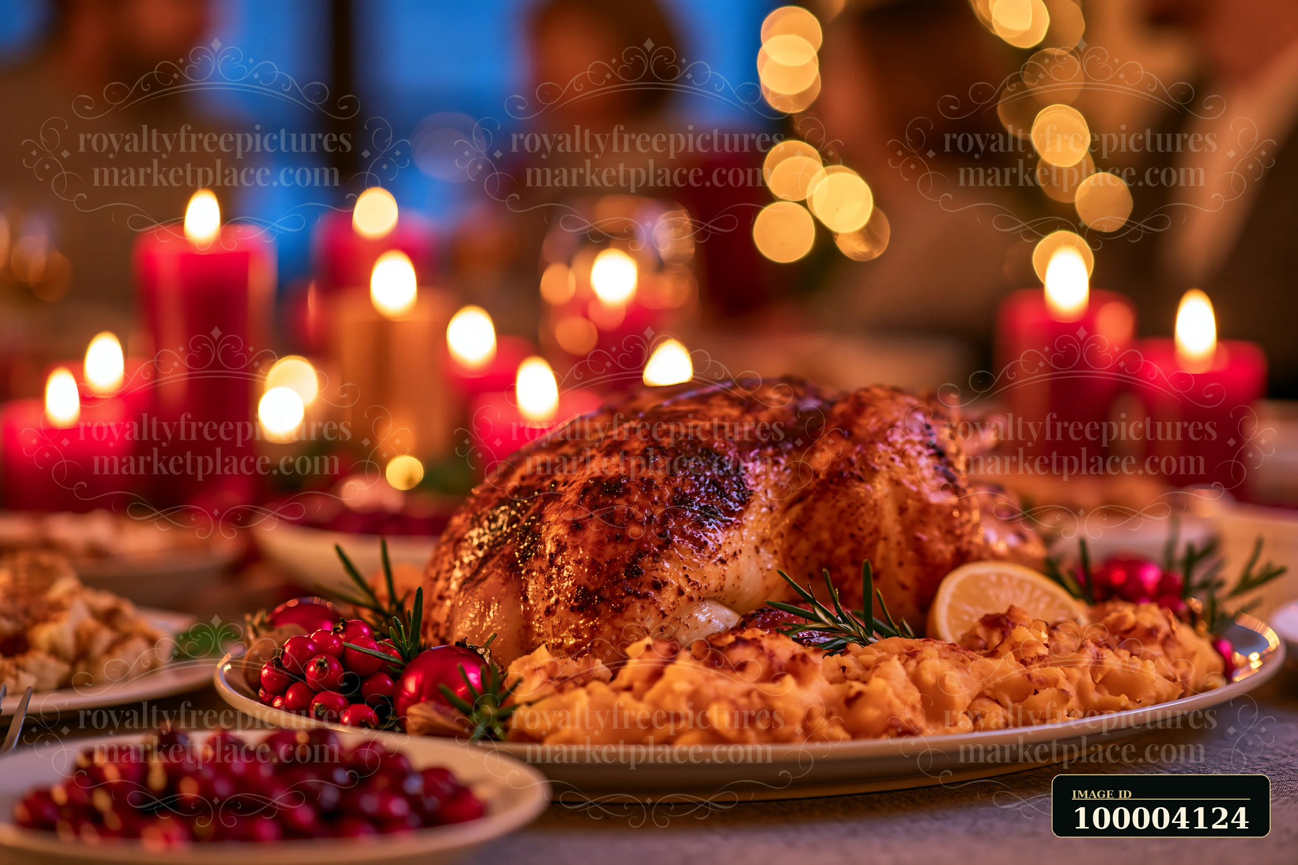 Roasted turkey on festive dining table surrounded by sides like mashed potatoes and cranberry sauce.