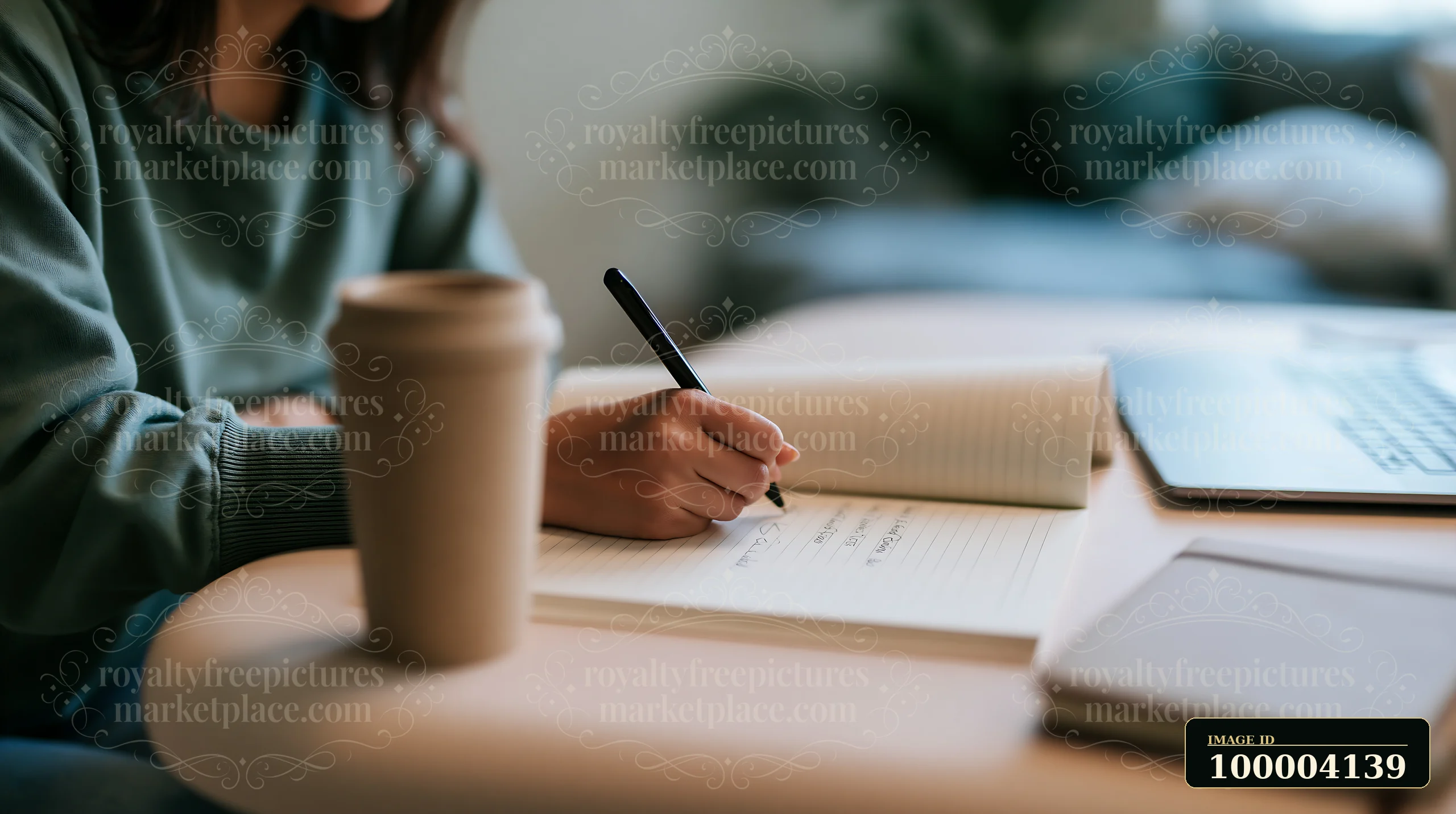 A person is writing a gift list at a desk while holding a pen.