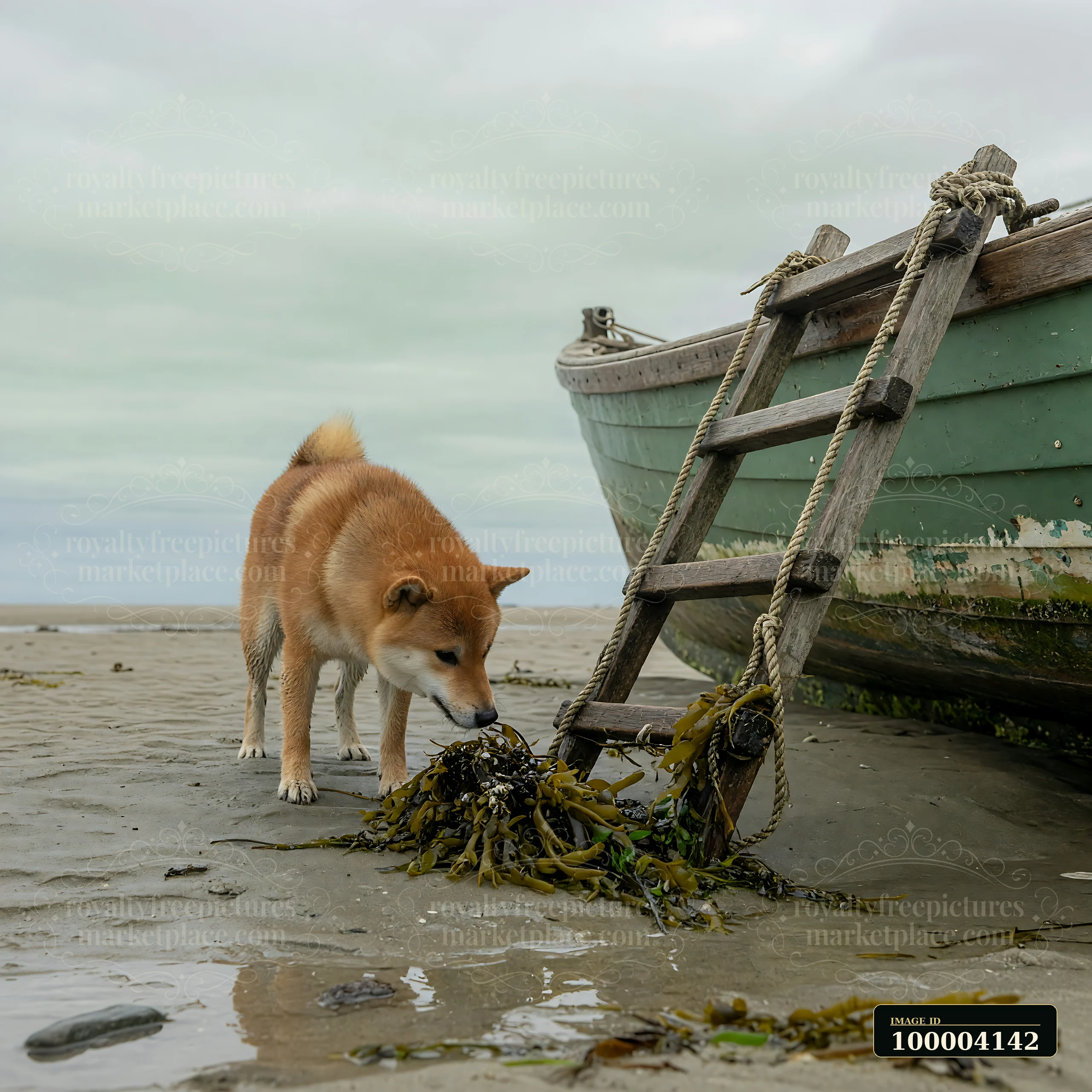 A shiba inu stands near a boat ladder at low tide, exploring the shoreline and sniffing at seaweed.