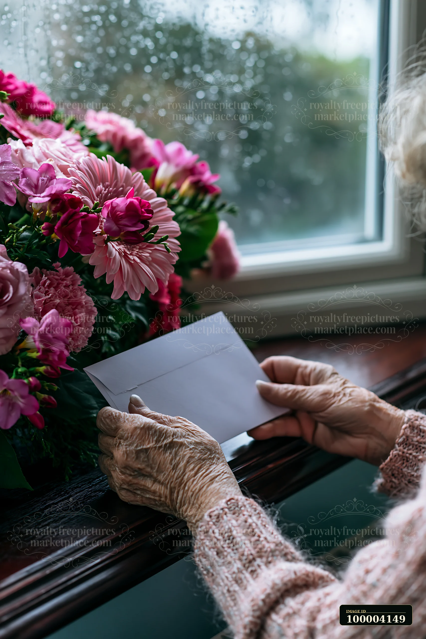 Elderly hands hold a white envelope beside pink flowers near a bright window.
