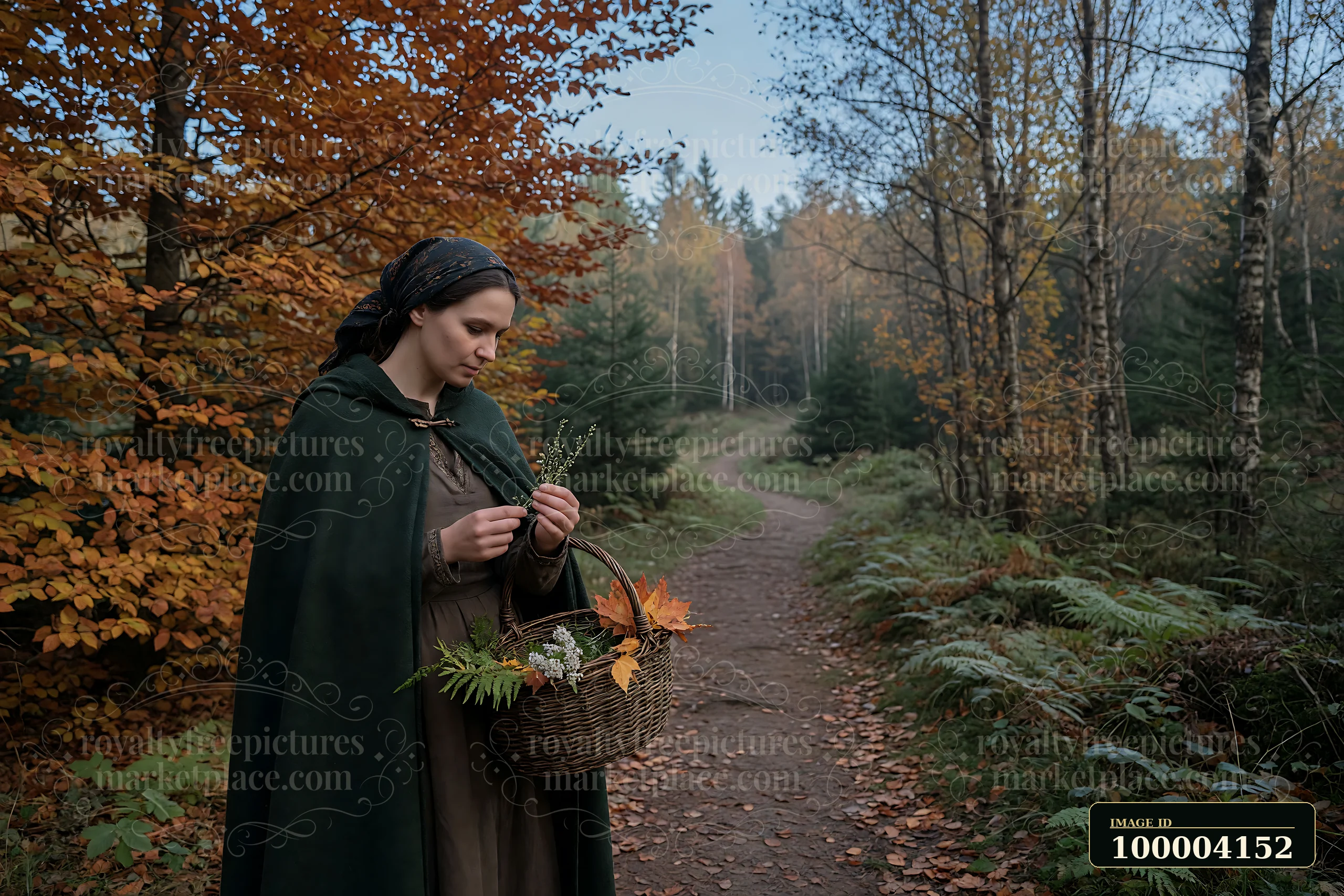 Woman in heritage attire collects herbs beside a woven basket on an autumn forest path.