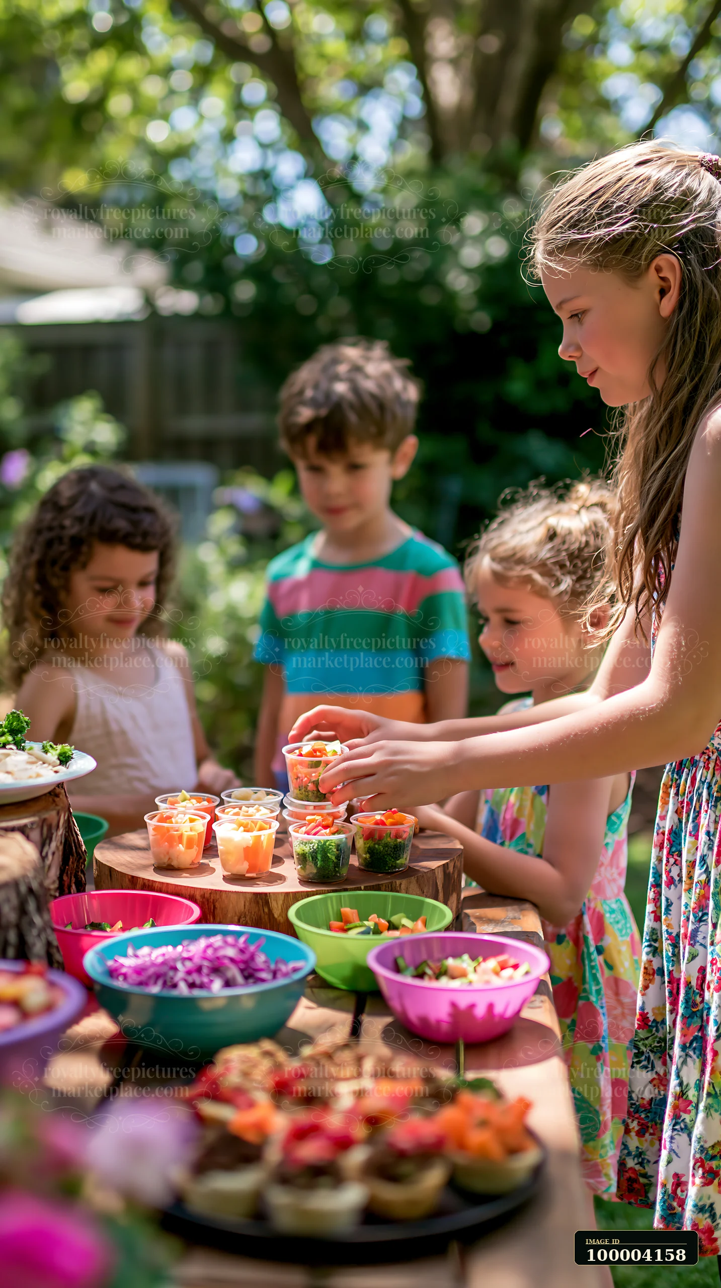 Four children gather around a colorful outdoor snack table at a birthday party.