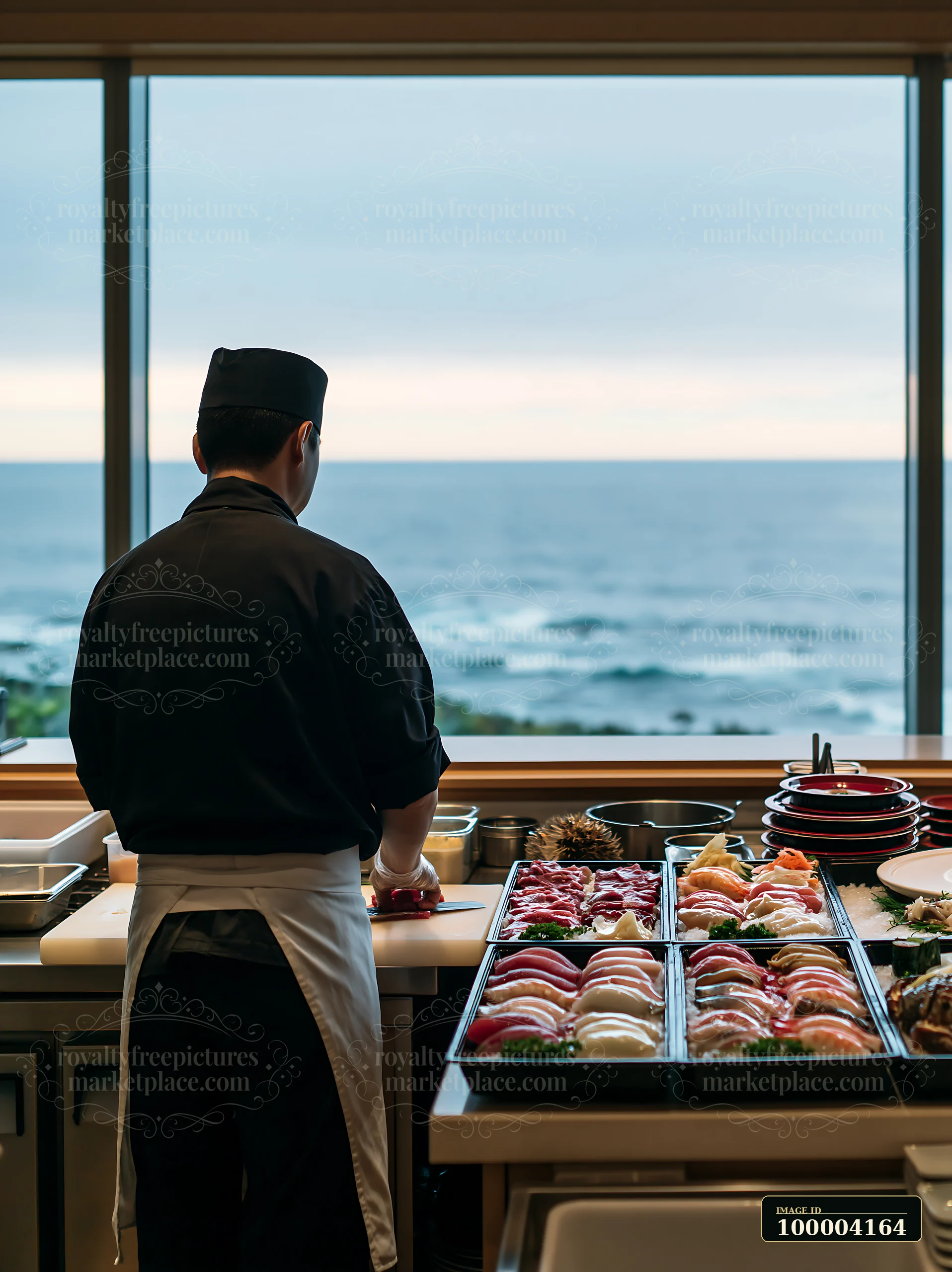 Sushi chef seen from behind preparing fish at a counter beside a large ocean-view window.
