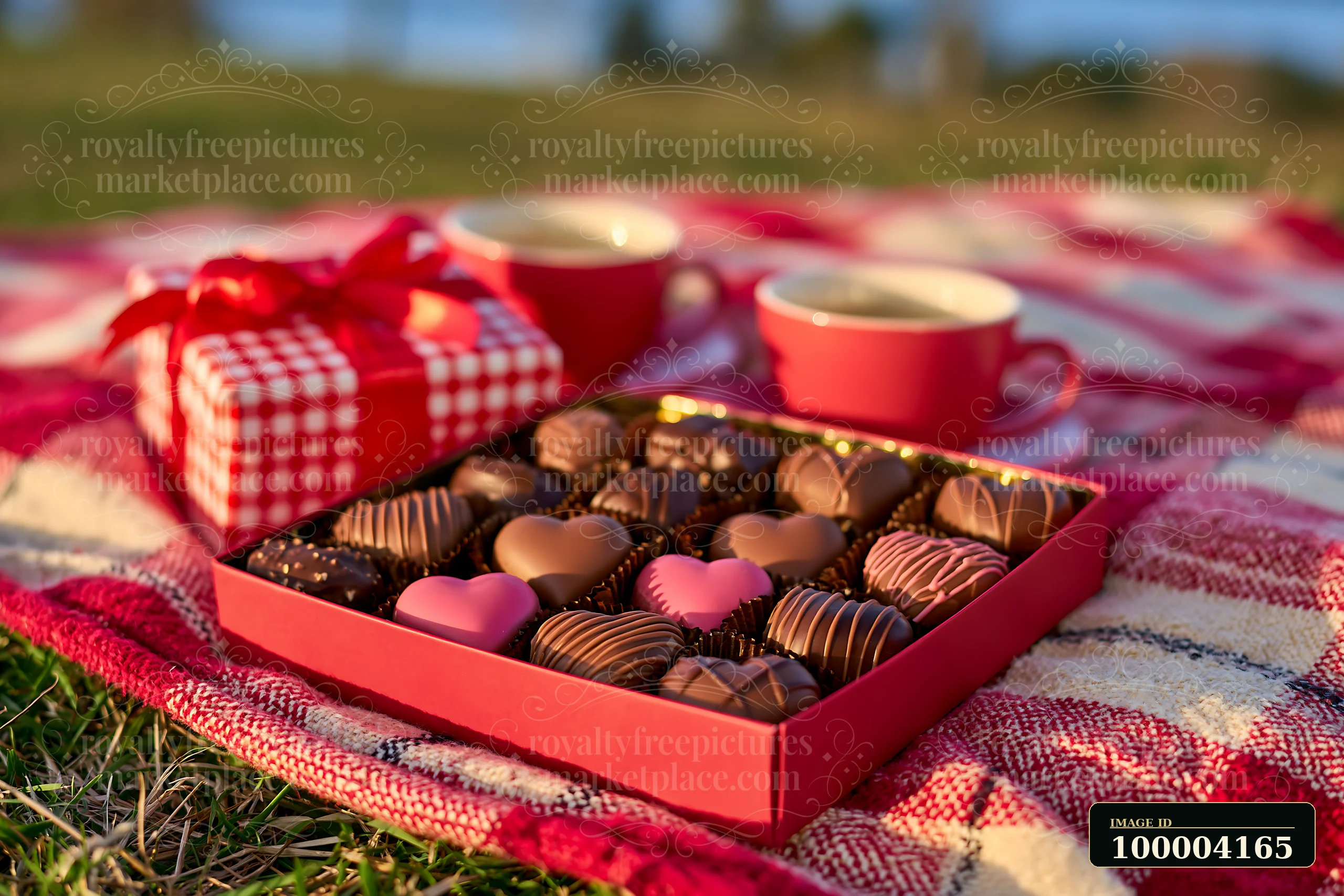 Open red gift box filled with heart-shaped and assorted chocolates on a blanket outdoors beside two red cups.