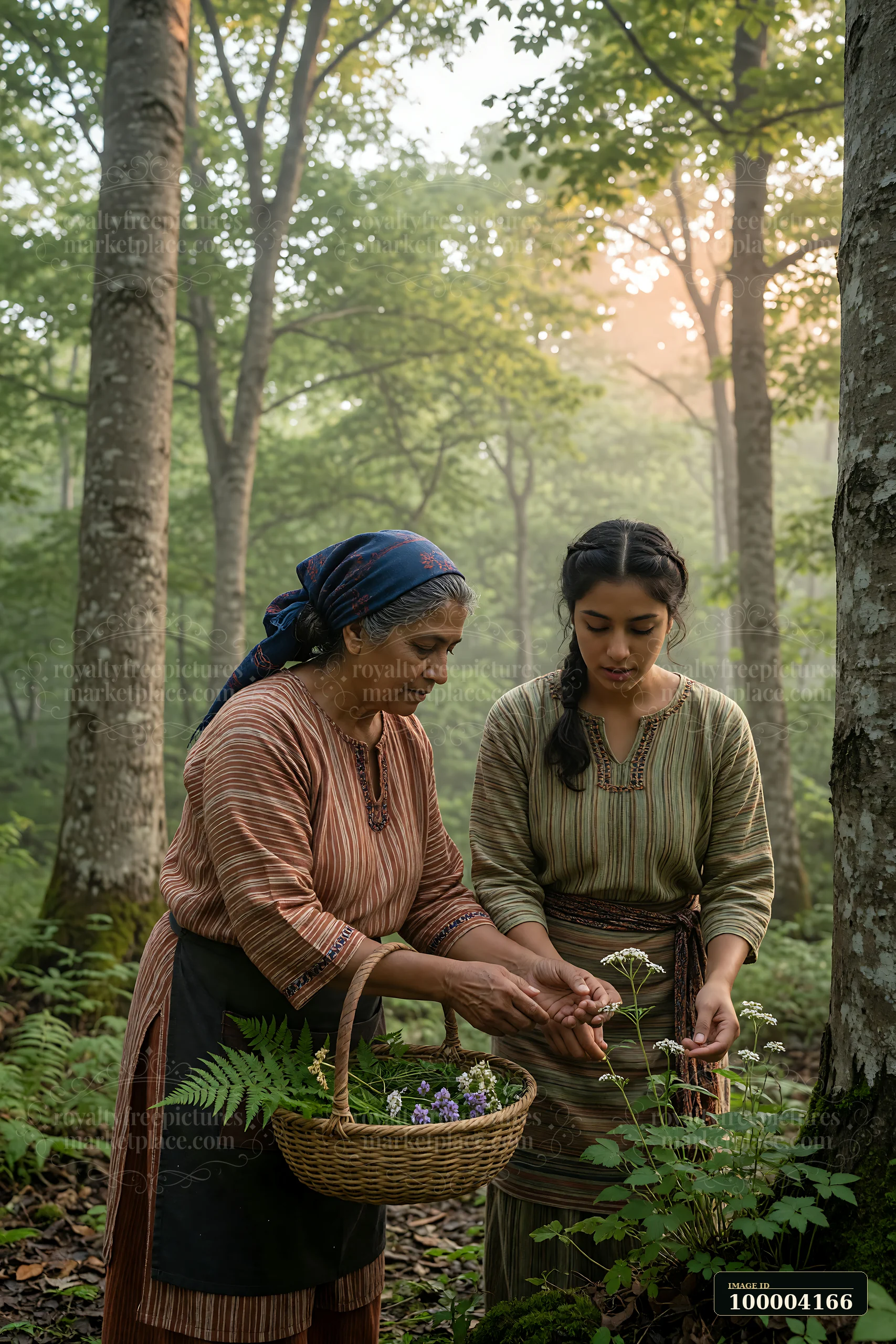 Two women in heritage attire collect herbs beside a woven basket in a sunlit forest.