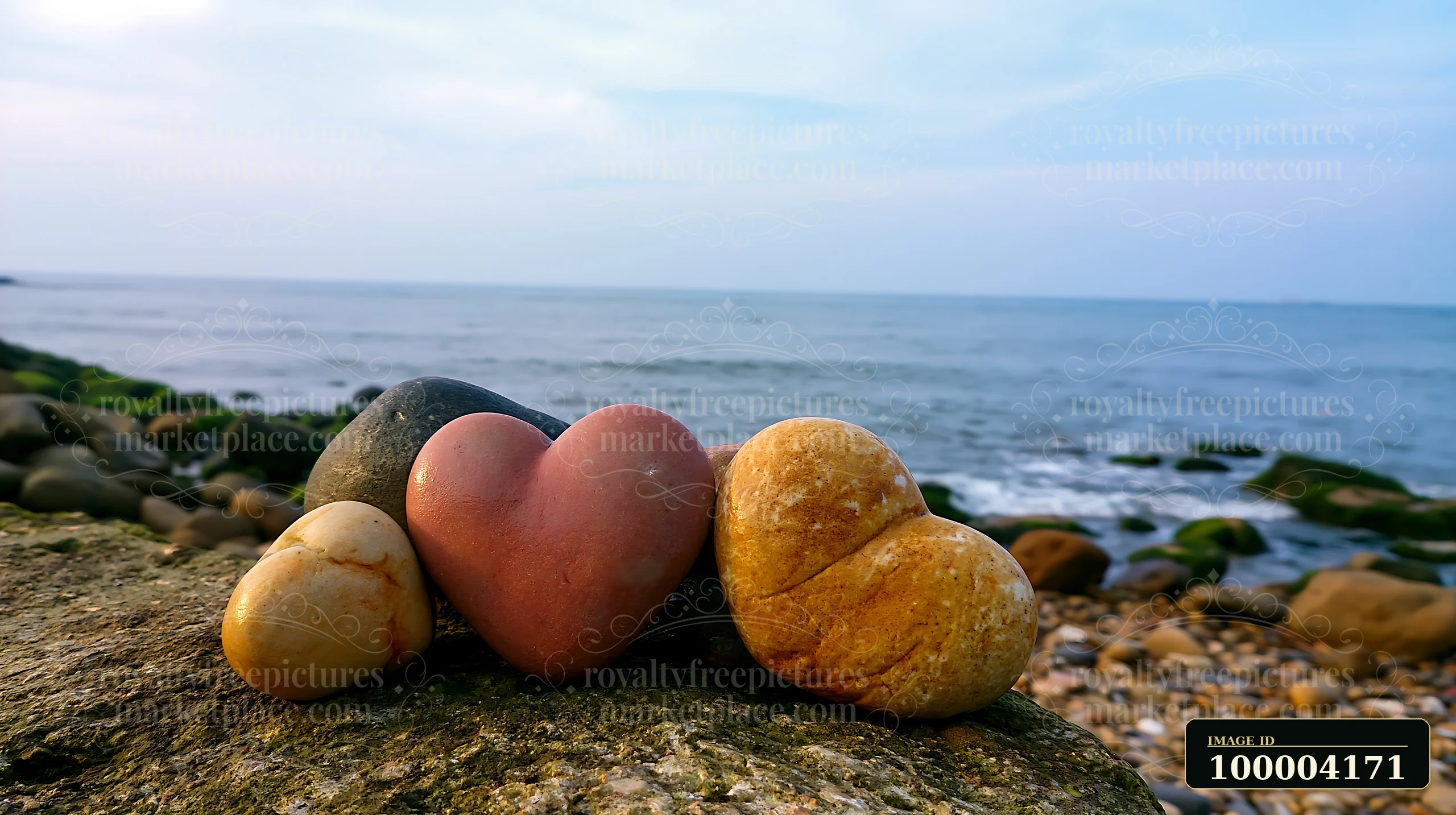 Heart-shaped stones rest on a rocky shore beside calm ocean under a soft blue sky.