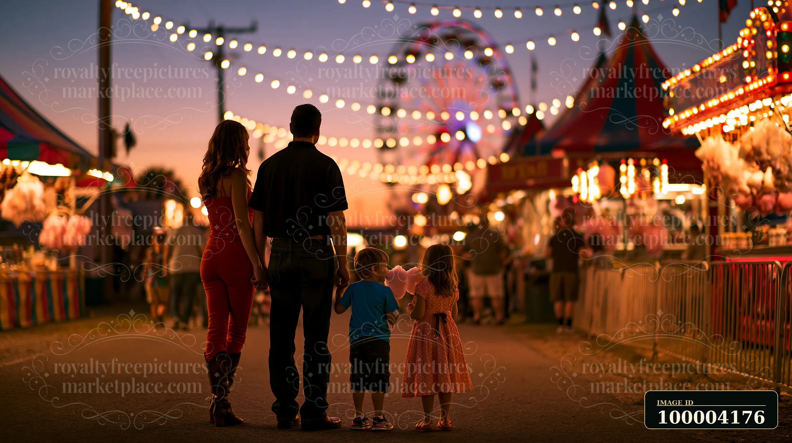 Family walks through an illuminated funfair as two children share cotton candy at sunset.