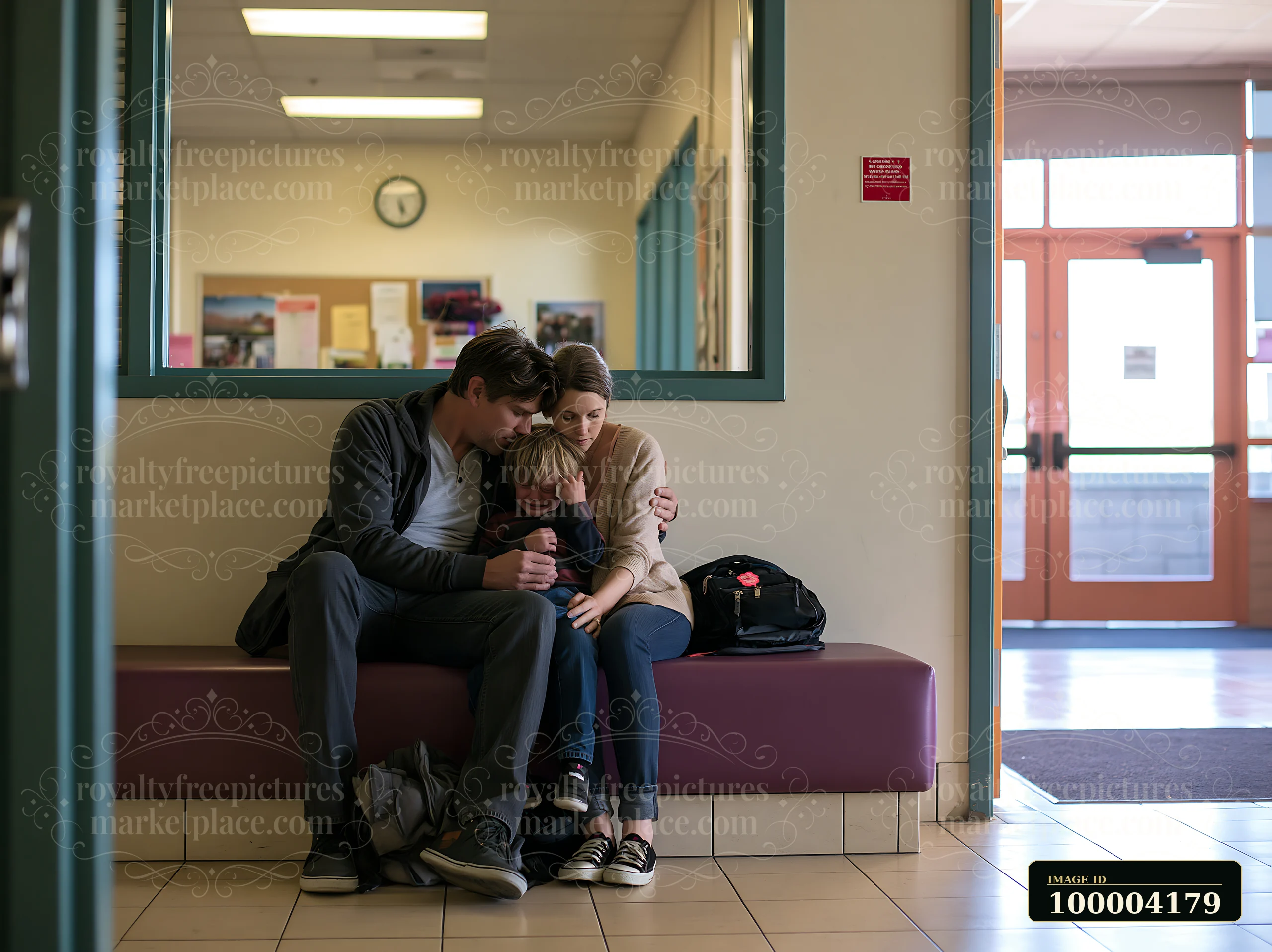 Parents comfort a distressed child on a bench inside a school hallway beside backpacks.