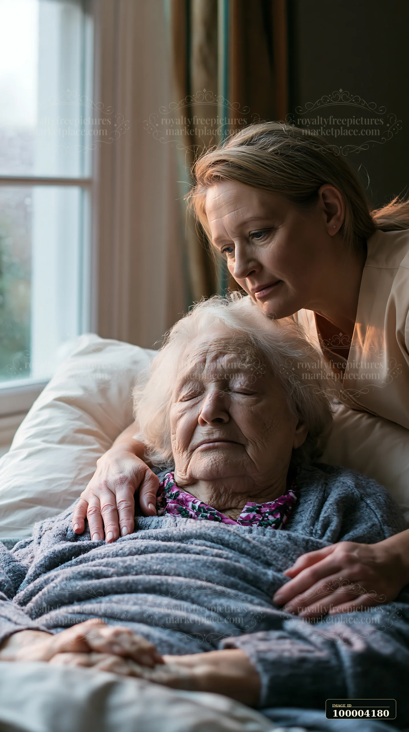 A caregiver comforts an elderly person in bed at home, providing support during the final days.