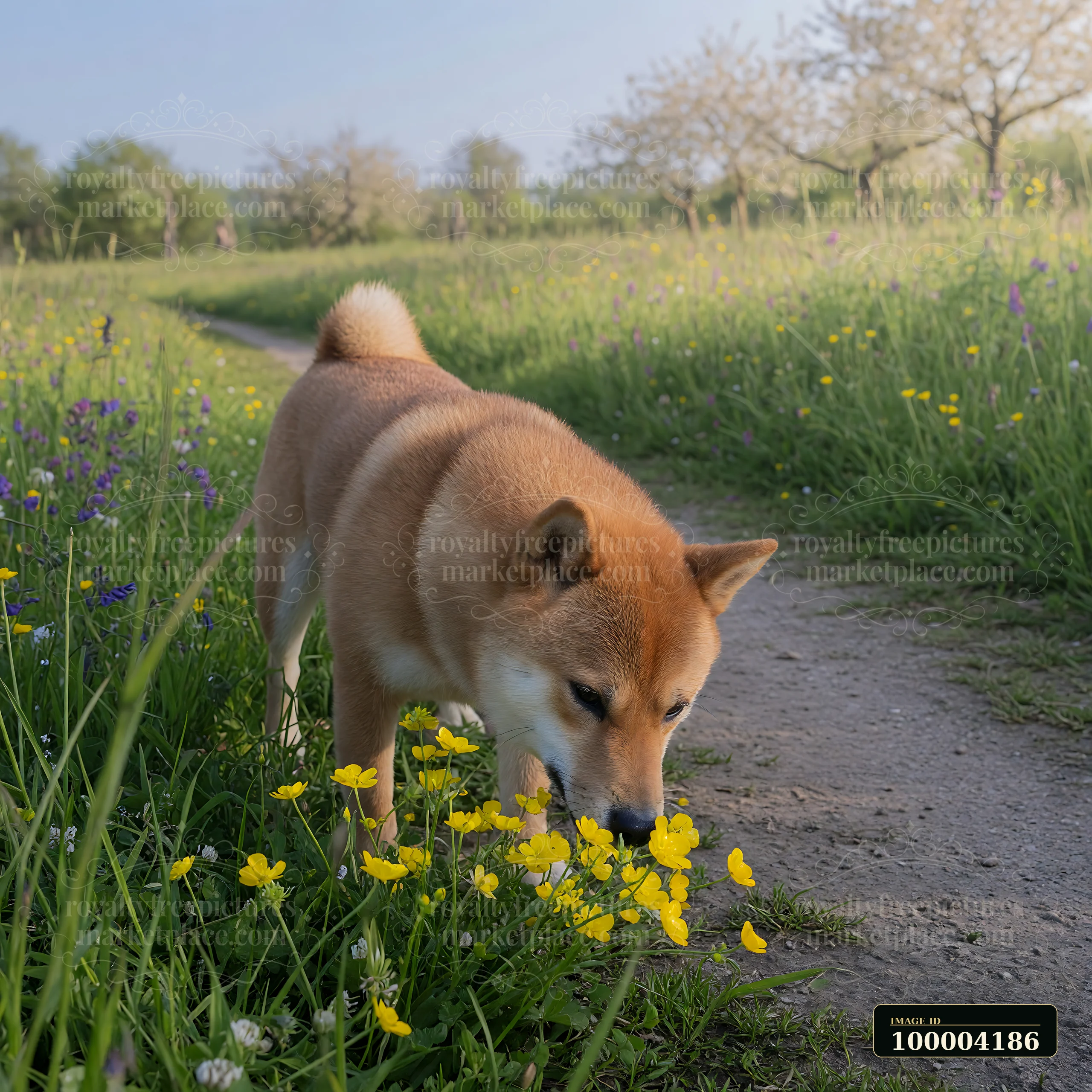 A shiba inu dog is sniffing colorful flowers in a spring meadow filled with bright greenery.