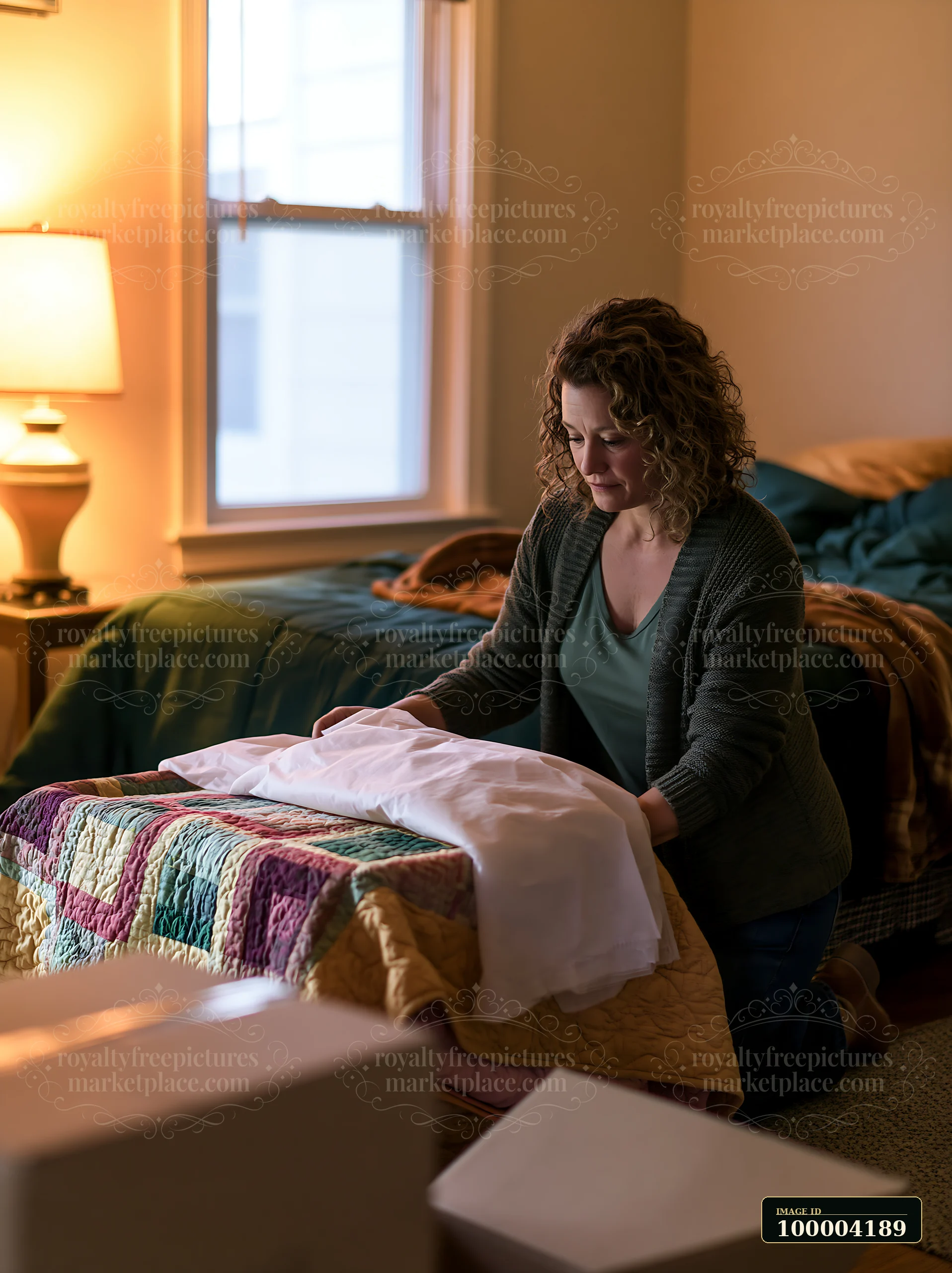 Woman carefully folding clothing and bedding on a bed in a warmly lit bedroom.