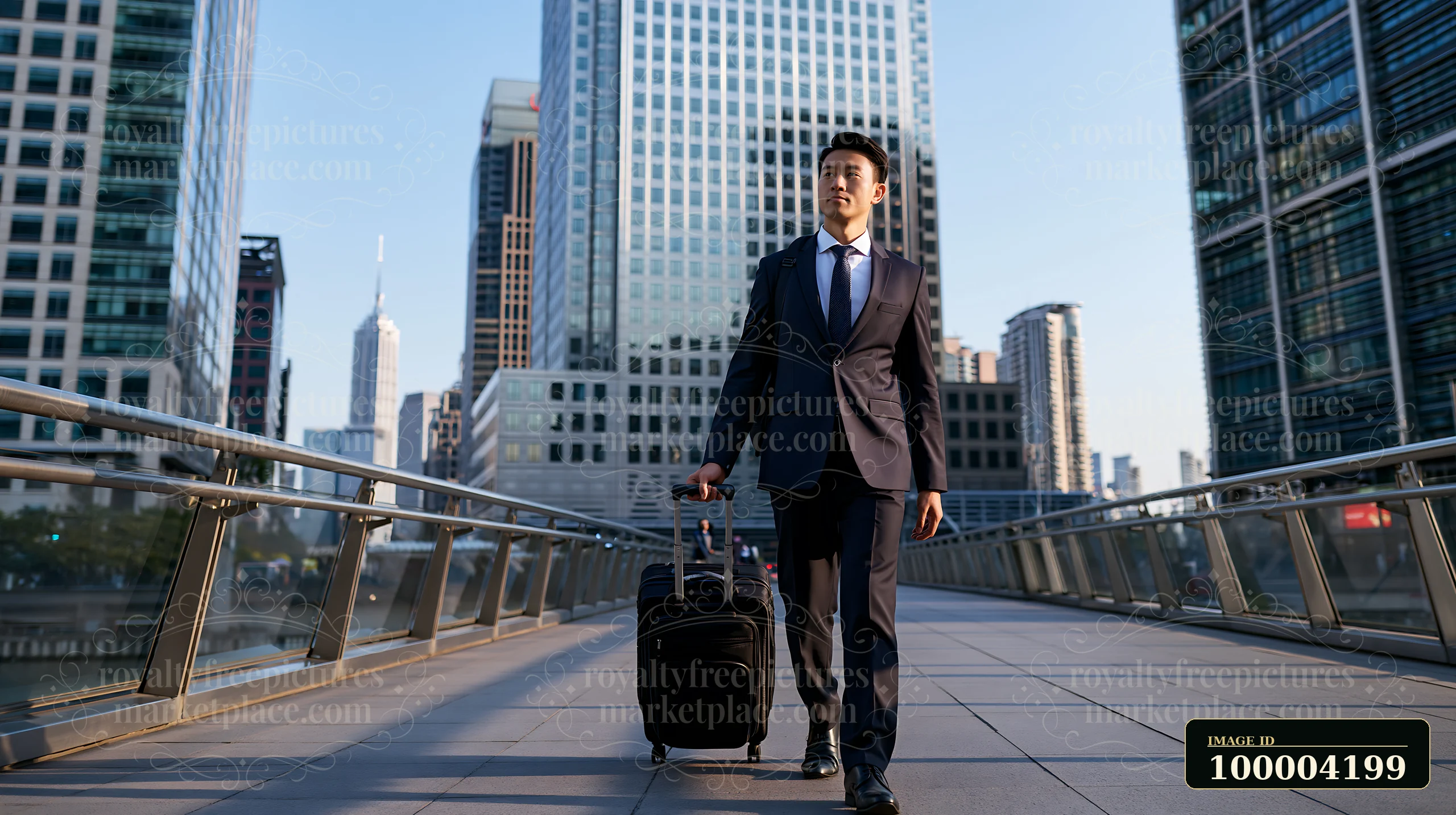 A businessman is walking through a city business district while pulling a suitcase.