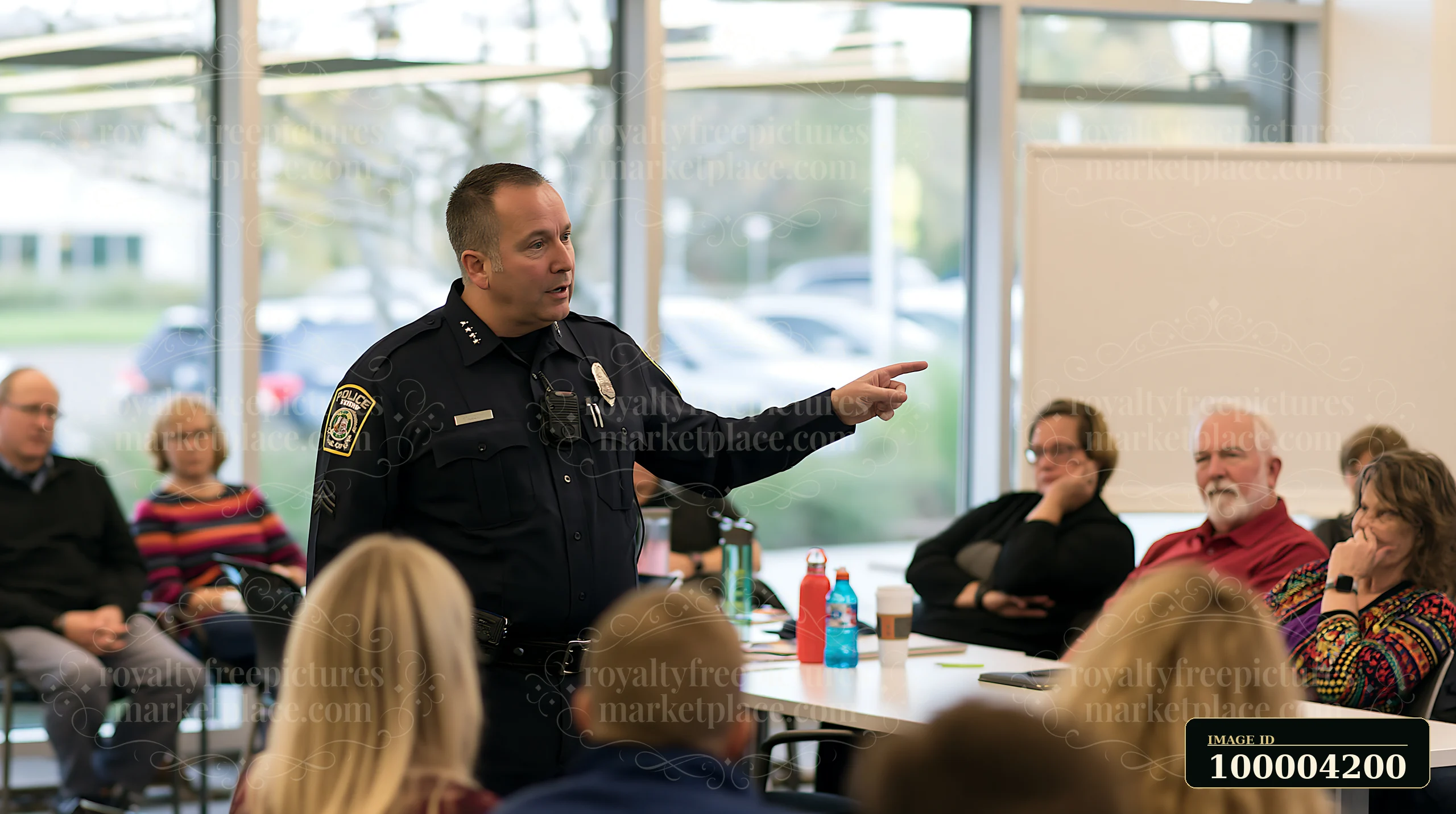 Uniformed police chief points toward a whiteboard while addressing residents at a community meeting.