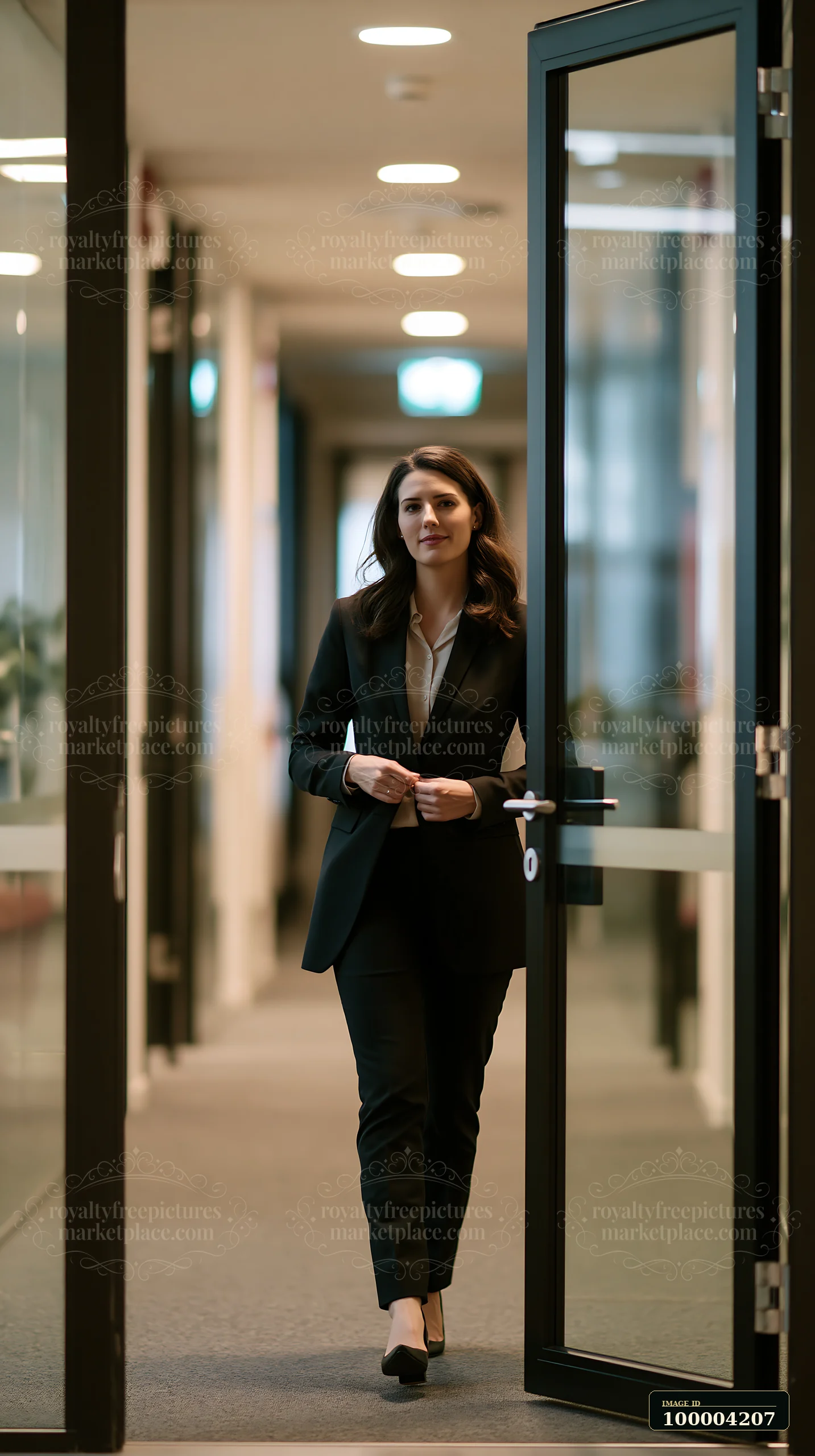 Businesswoman in a dark suit walks through a glass door into a contemporary office hallway.