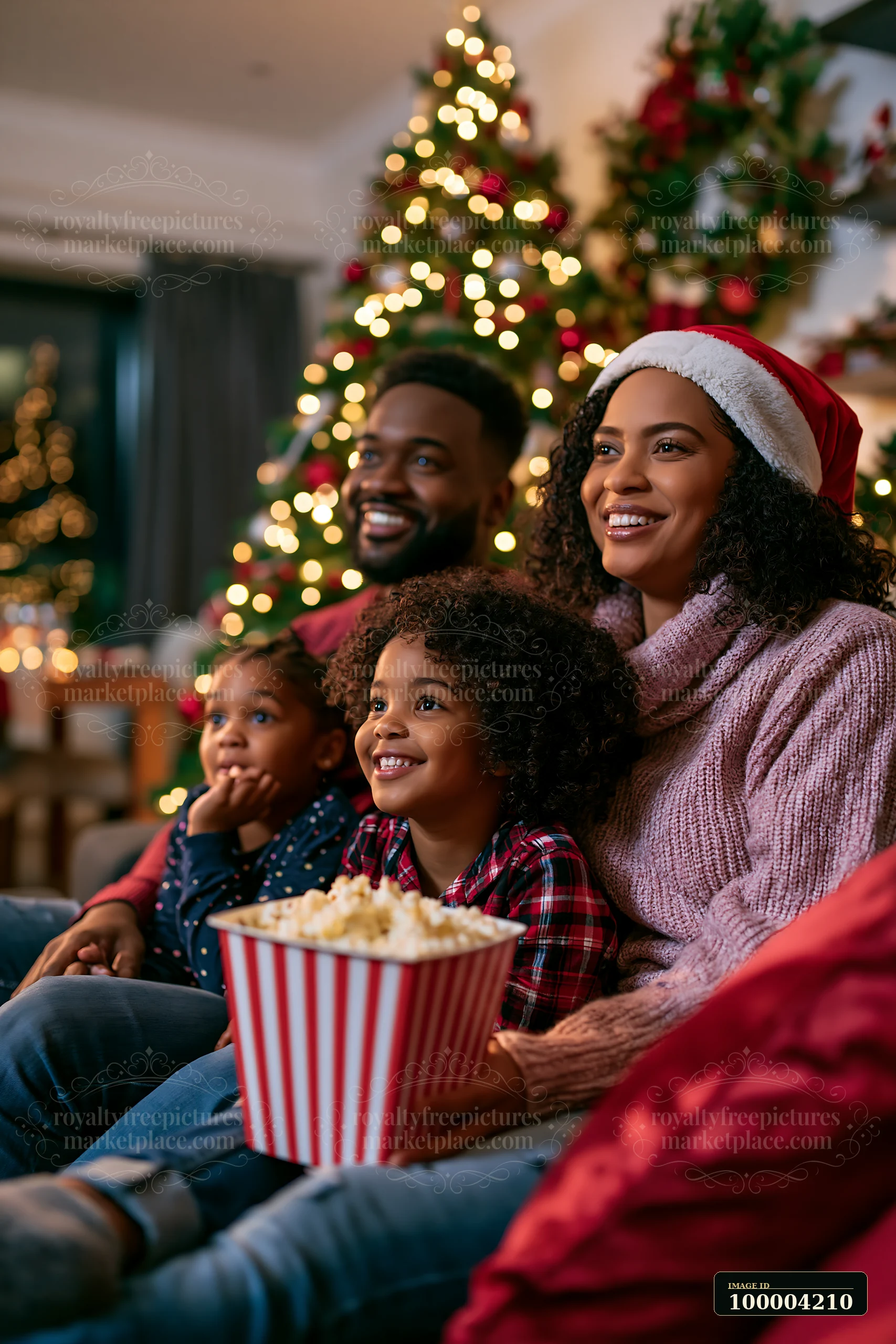 A family sits together on a sofa, eating popcorn and watching a holiday movie at home.