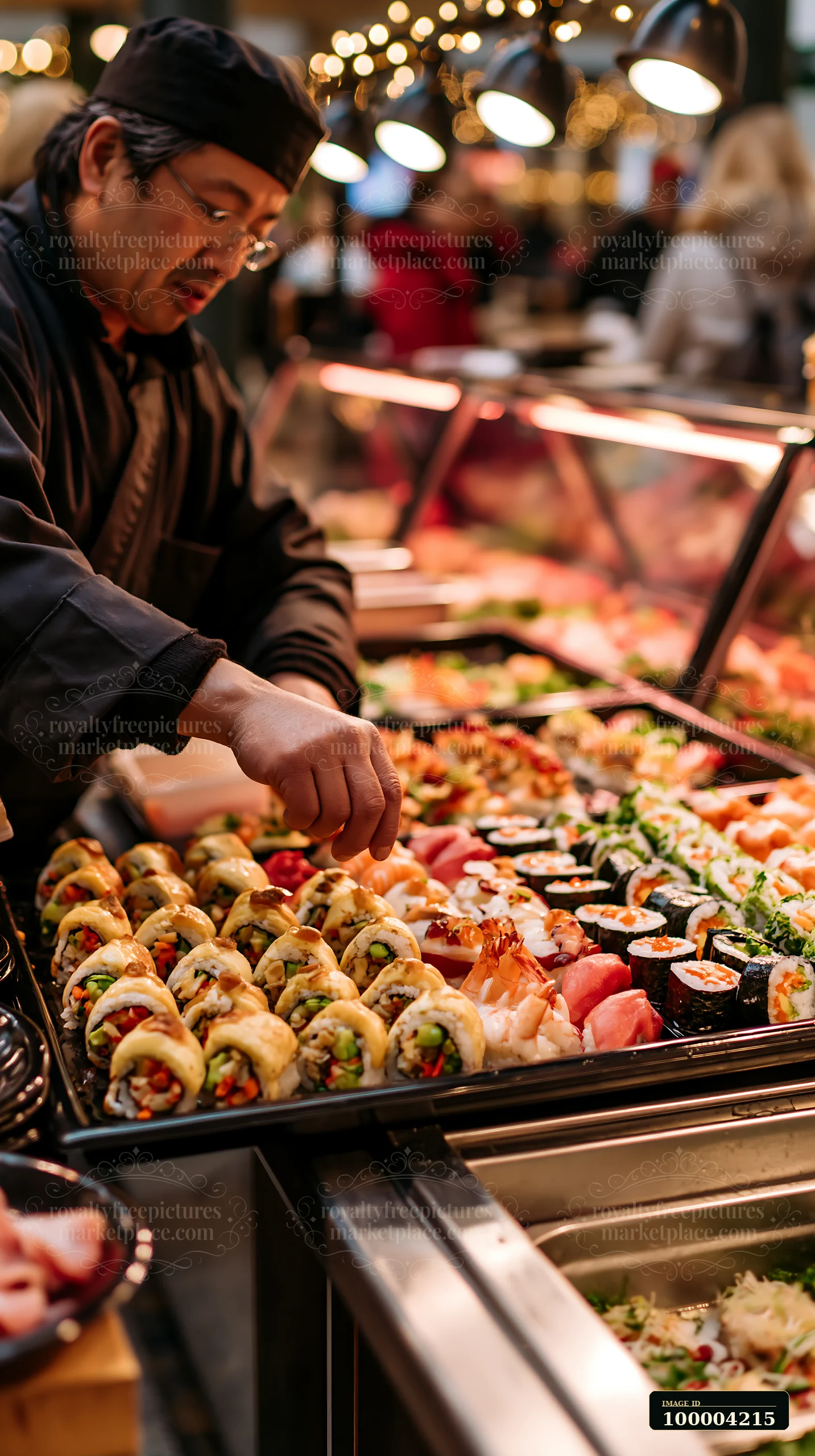 A sushi chef arranges a colorful sushi platter for catering at an event.