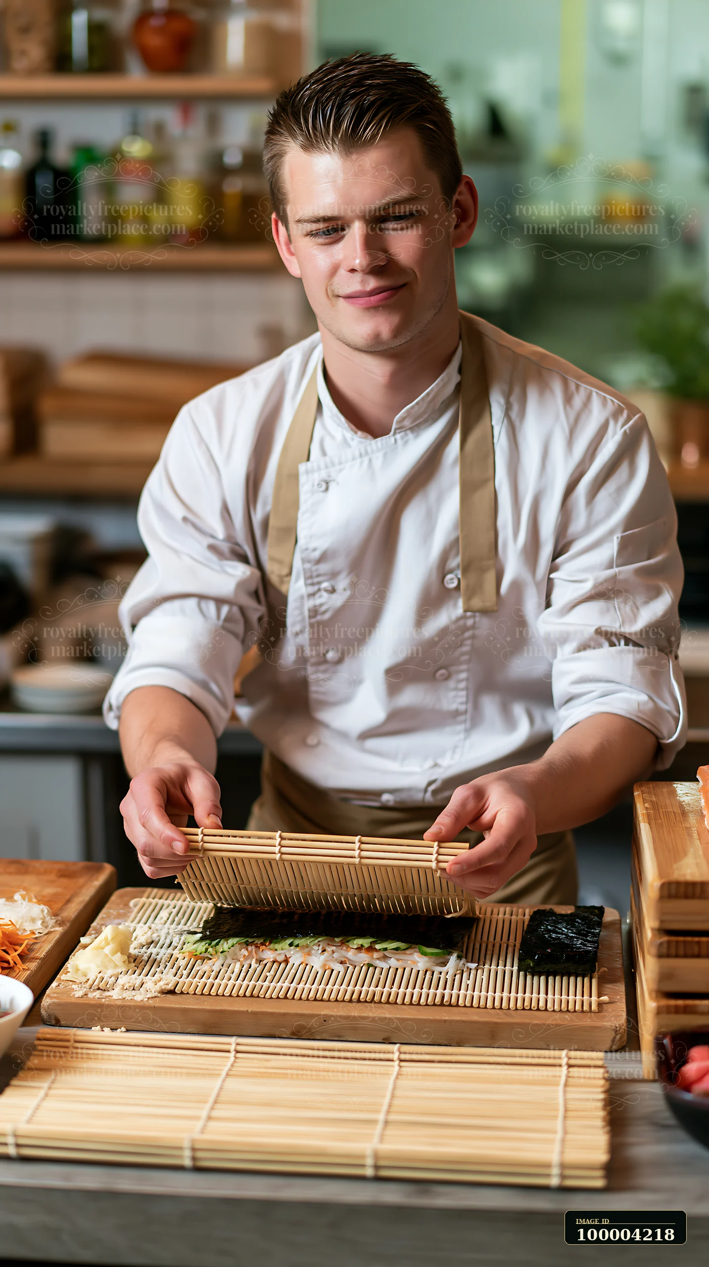 Sushi chef holds a bamboo mat over sushi ingredients beside wooden serving boards in a restaurant kitchen.