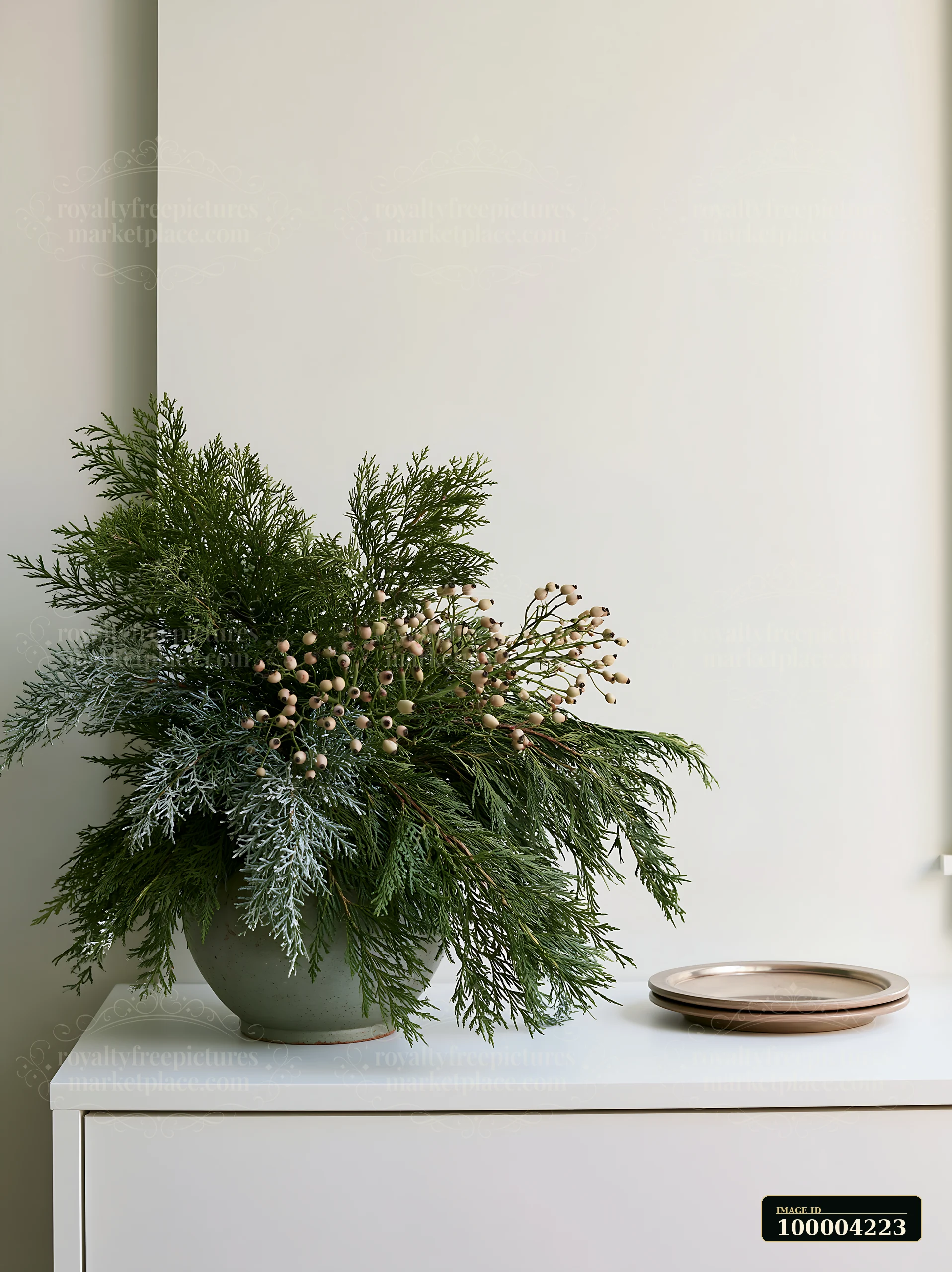 Evergreen Christmas centerpiece with pale berries beside an empty light wall and white cabinet.