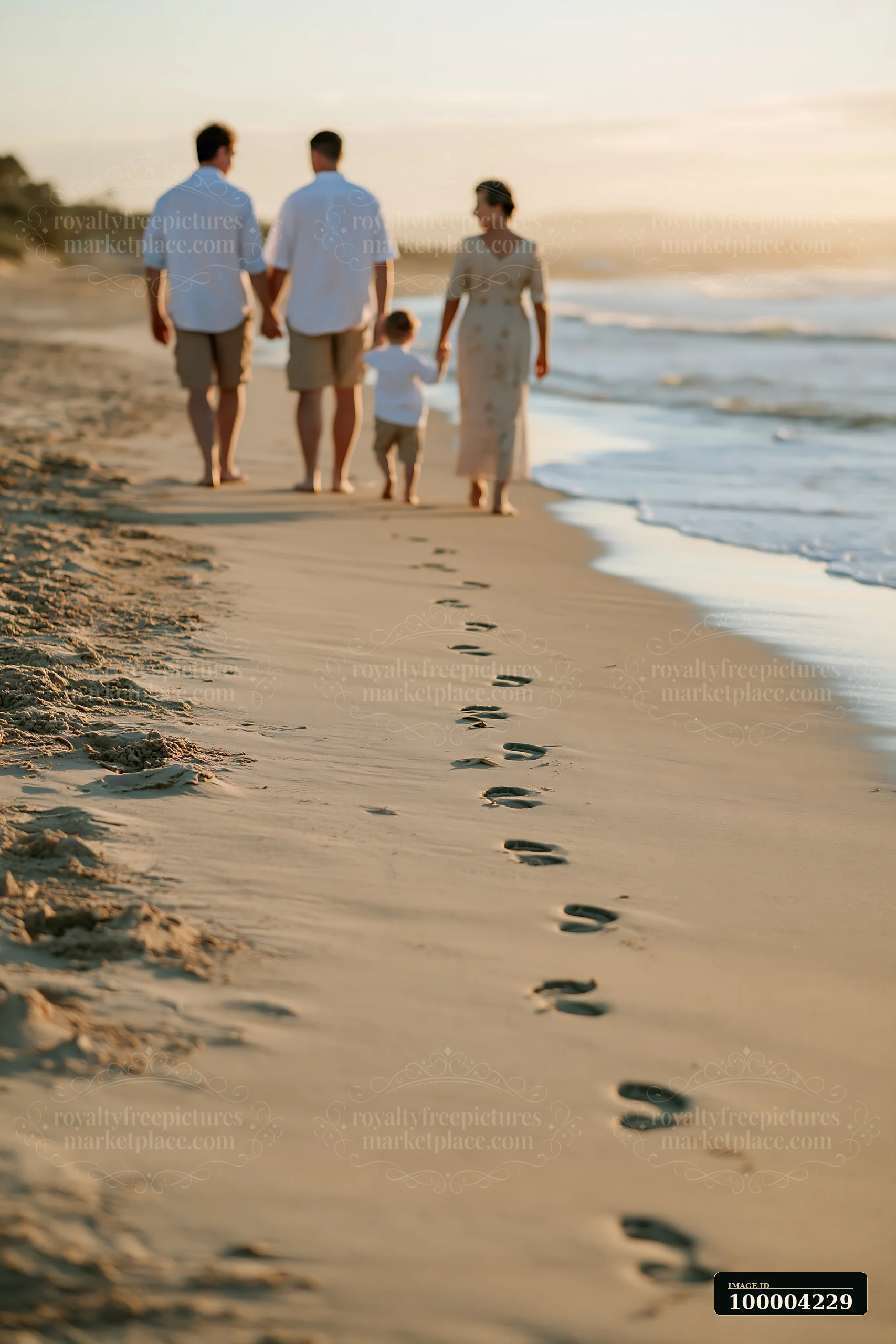 A white family walks along the beach, leaving footprints in the sand during sunset.