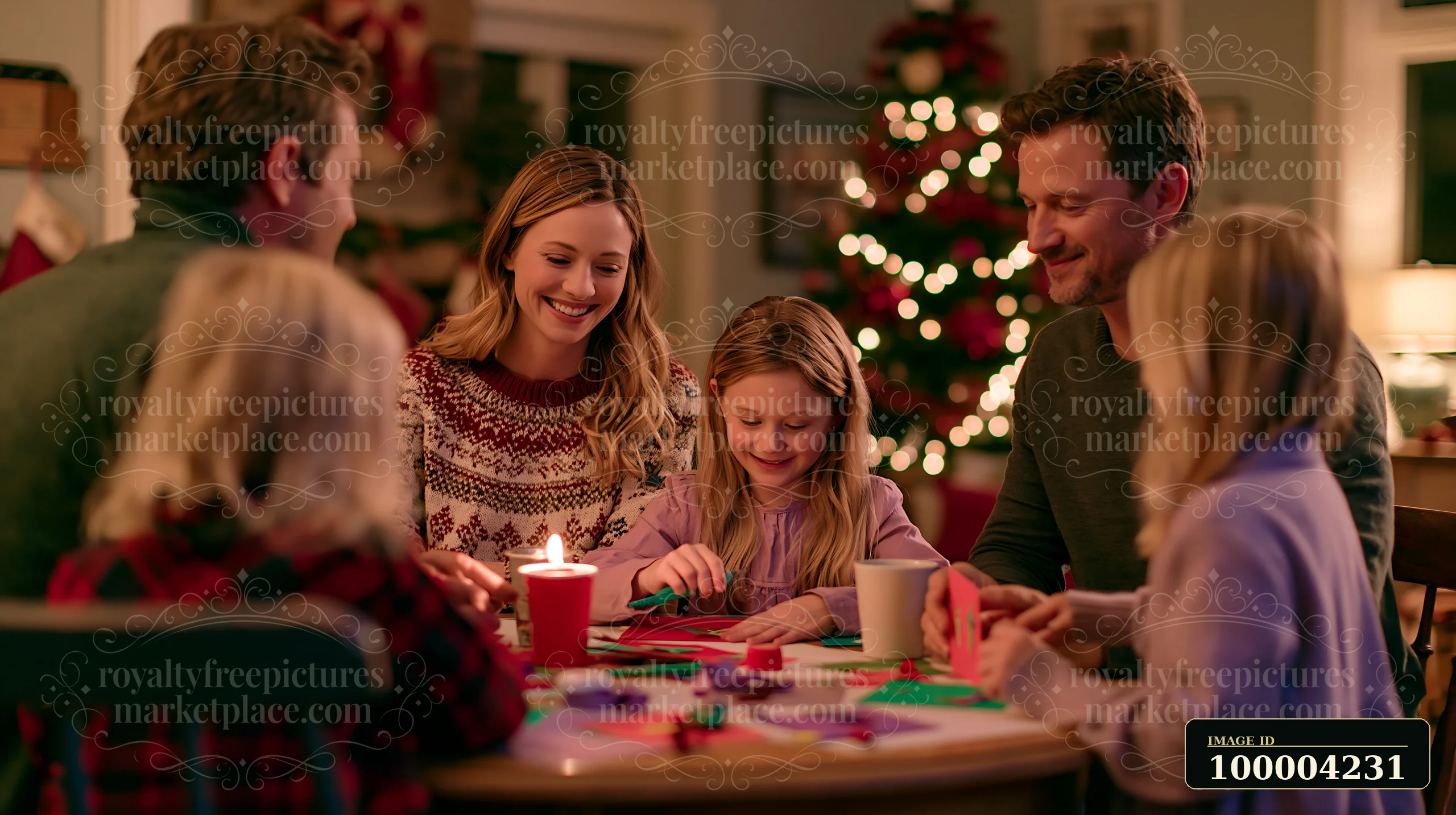 A family gathers around a table, creating holiday crafts and enjoying each other's company.