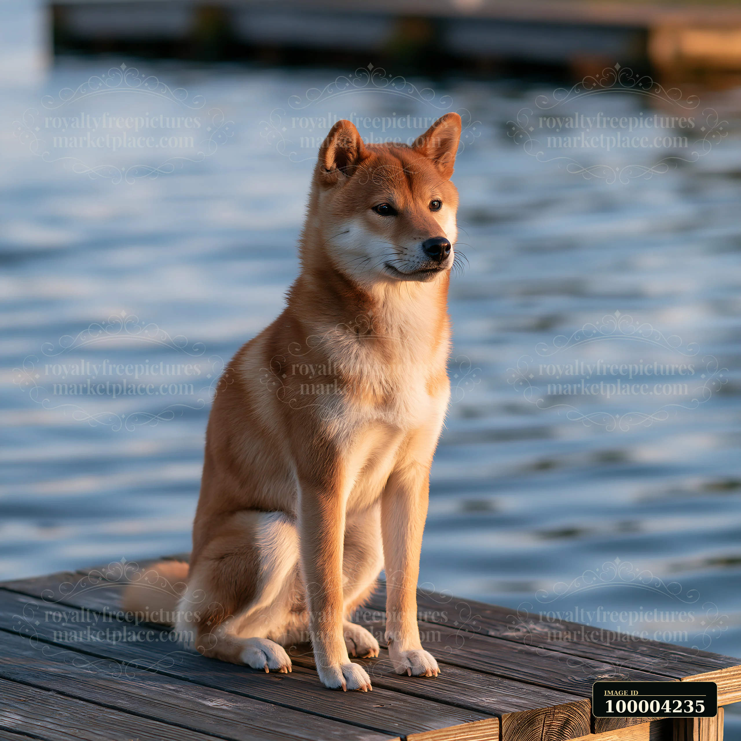 A shiba inu sits upright on a wooden dock over calm water, observing the surroundings.