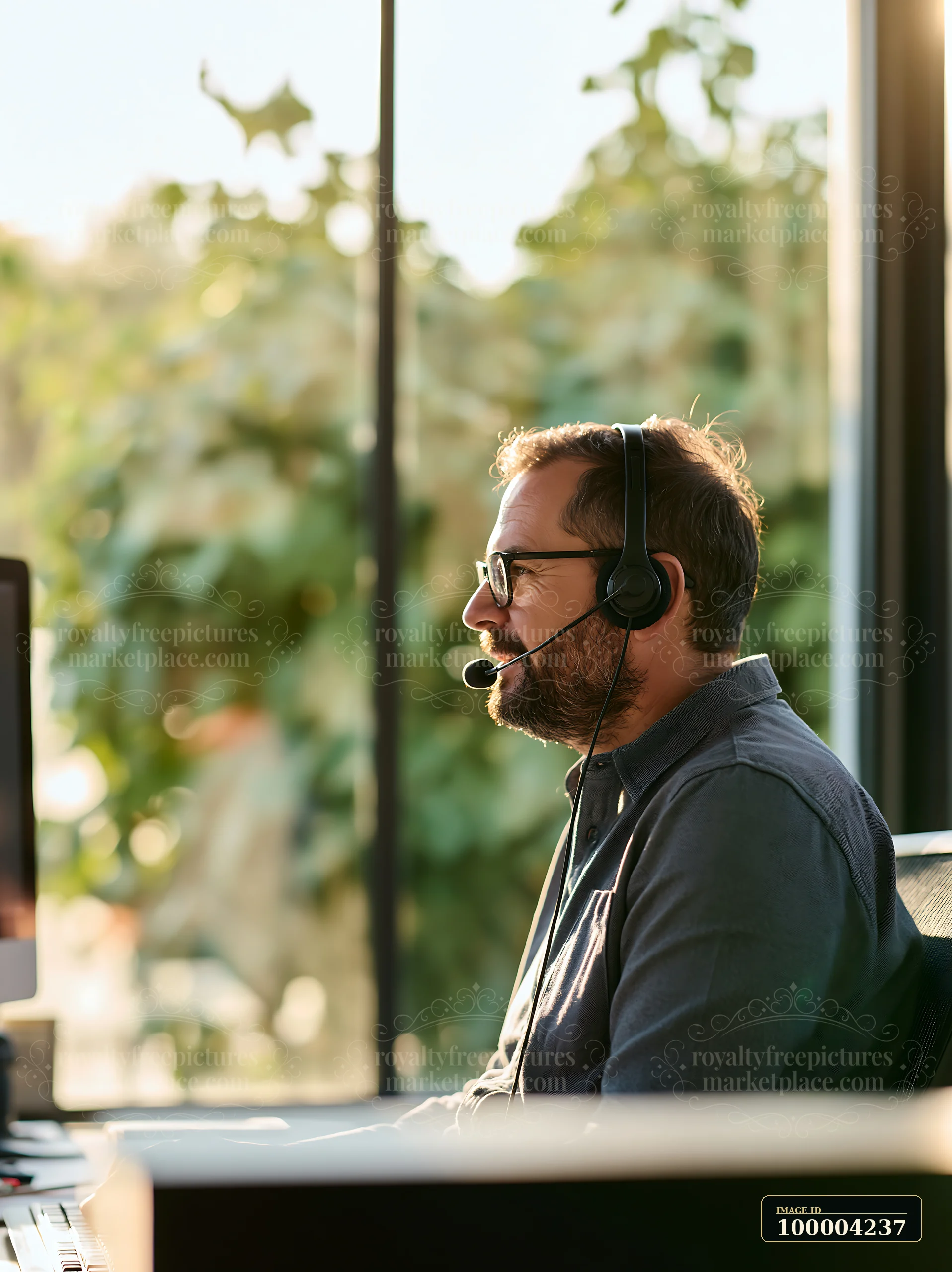 Bearded businessman wearing a headset sits at a desk during a customer service call beside a sunlit window.