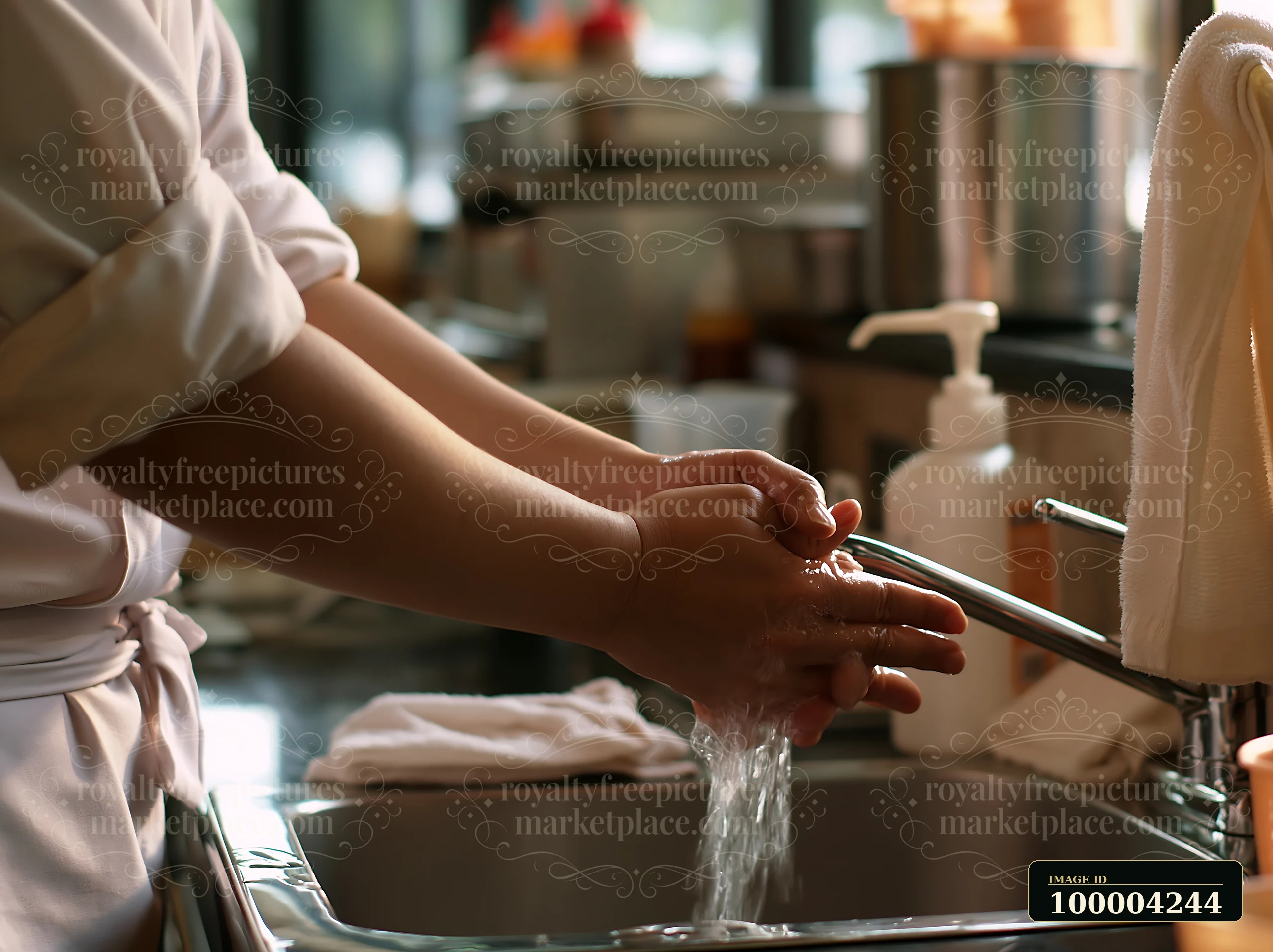 A sushi chef is washing hands at a sink in a busy restaurant kitchen.