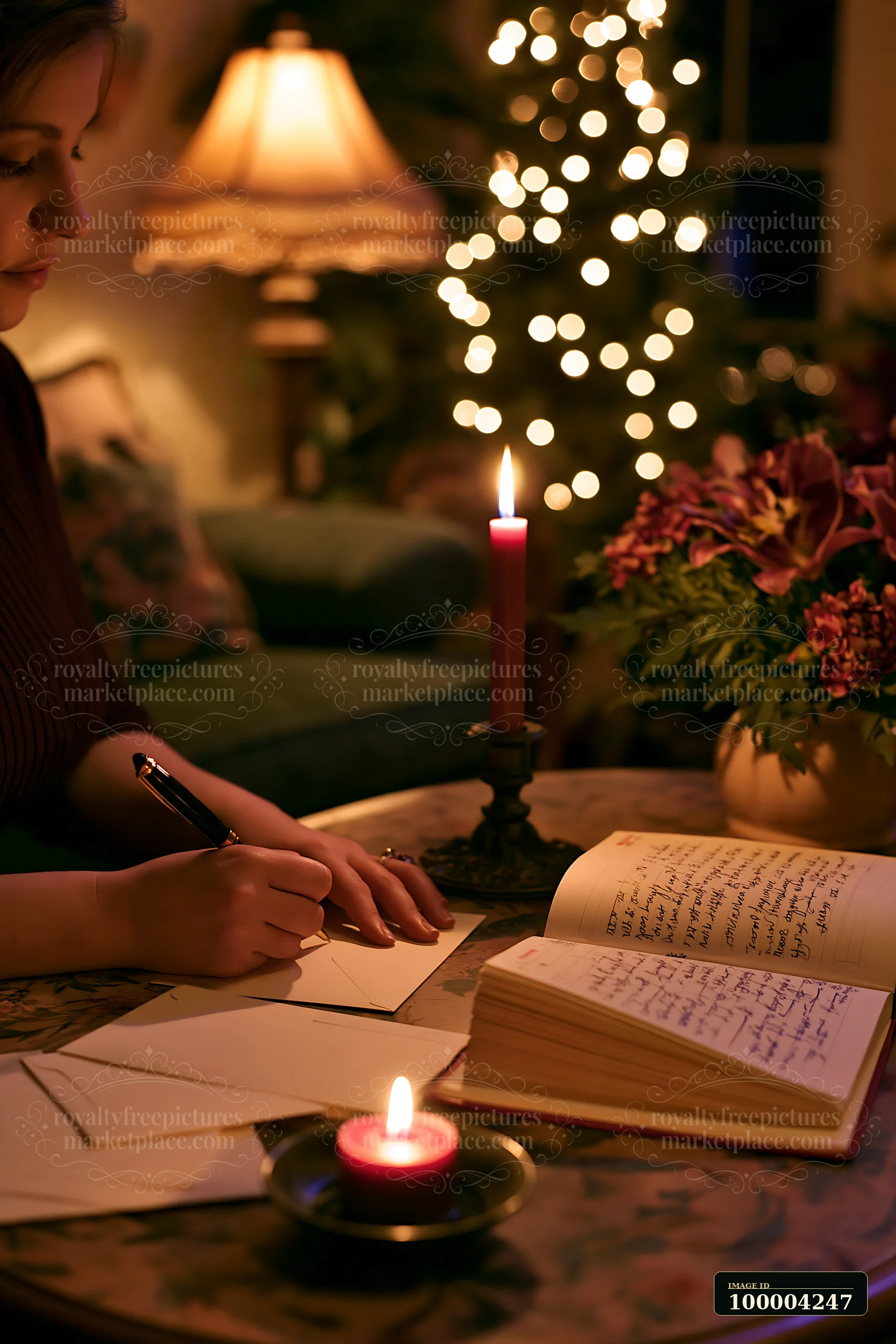 A person is writing a gift list at a desk with a candle and festive decorations.