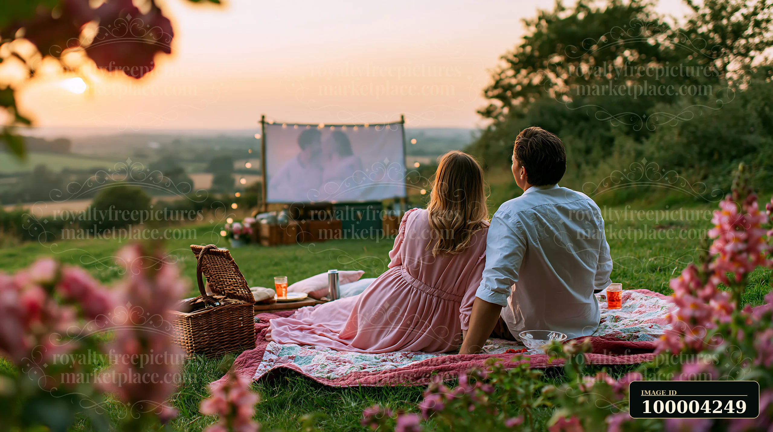 Couple watches an outdoor movie on a picnic blanket at sunset in a flowering countryside garden.