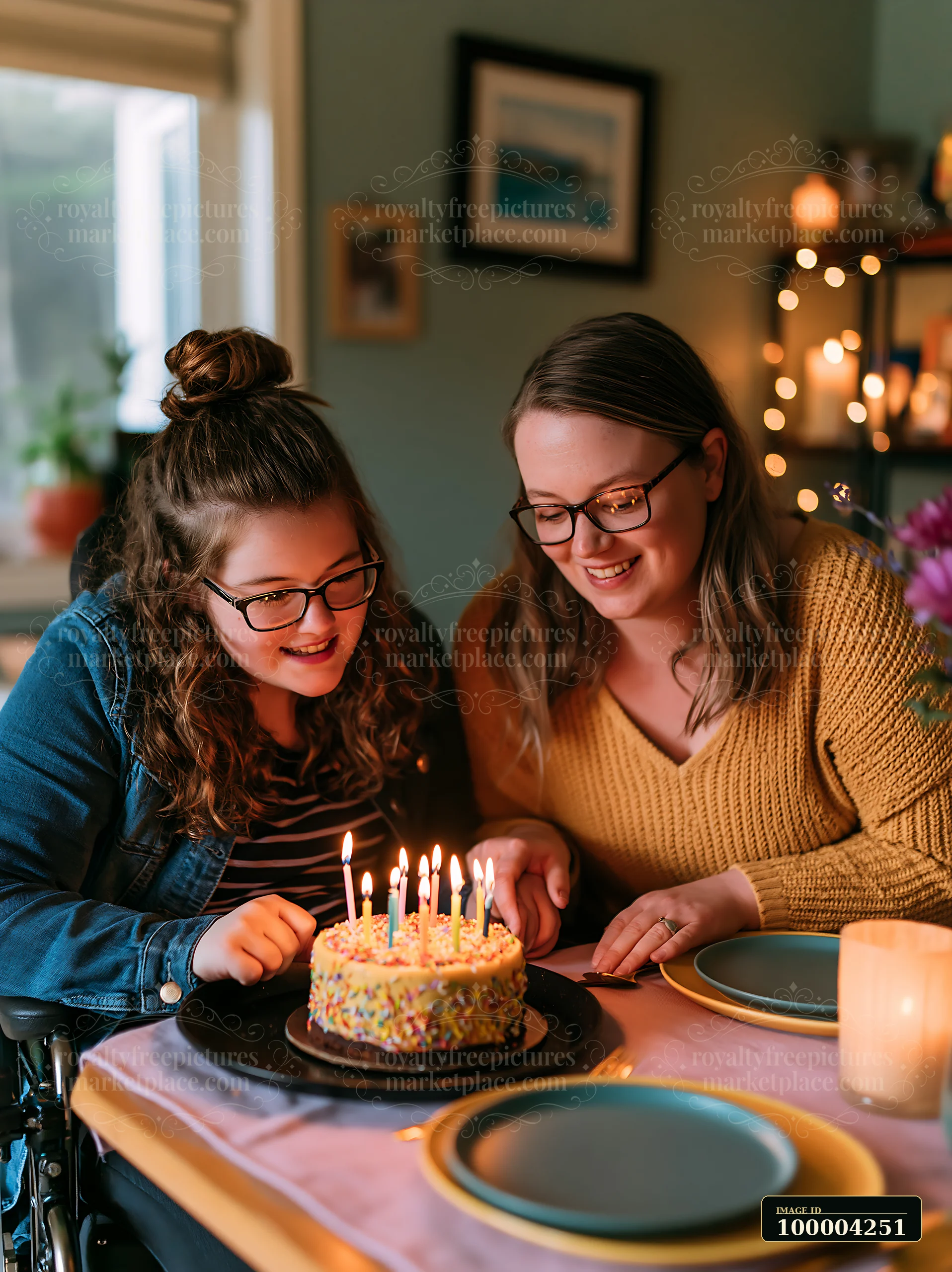 Two people smile while birthday candles are being lit on a colorful cake at a warmly decorated dining table.