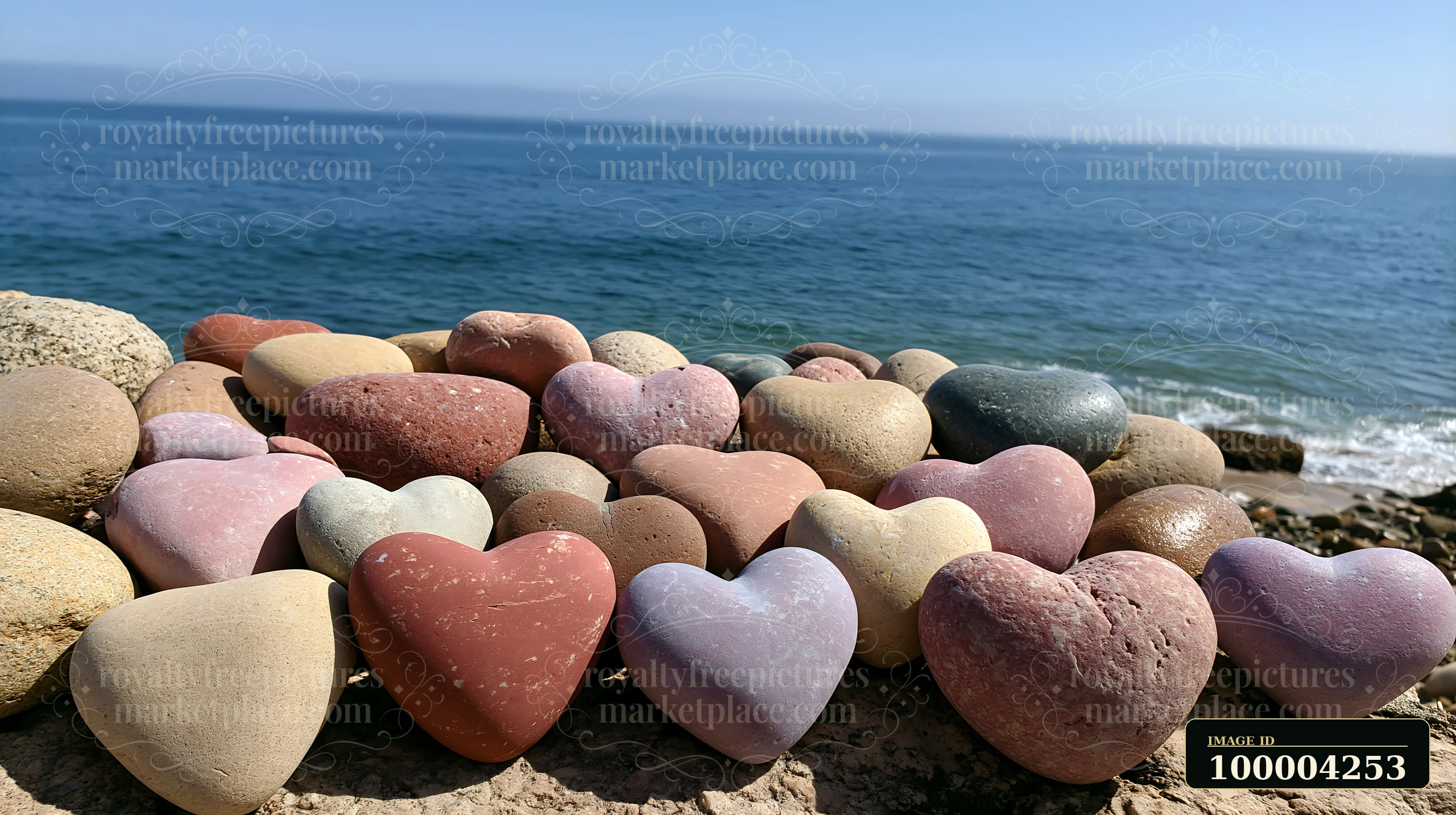 Heart-shaped stones arranged on a rocky shore beside calm blue ocean water.
